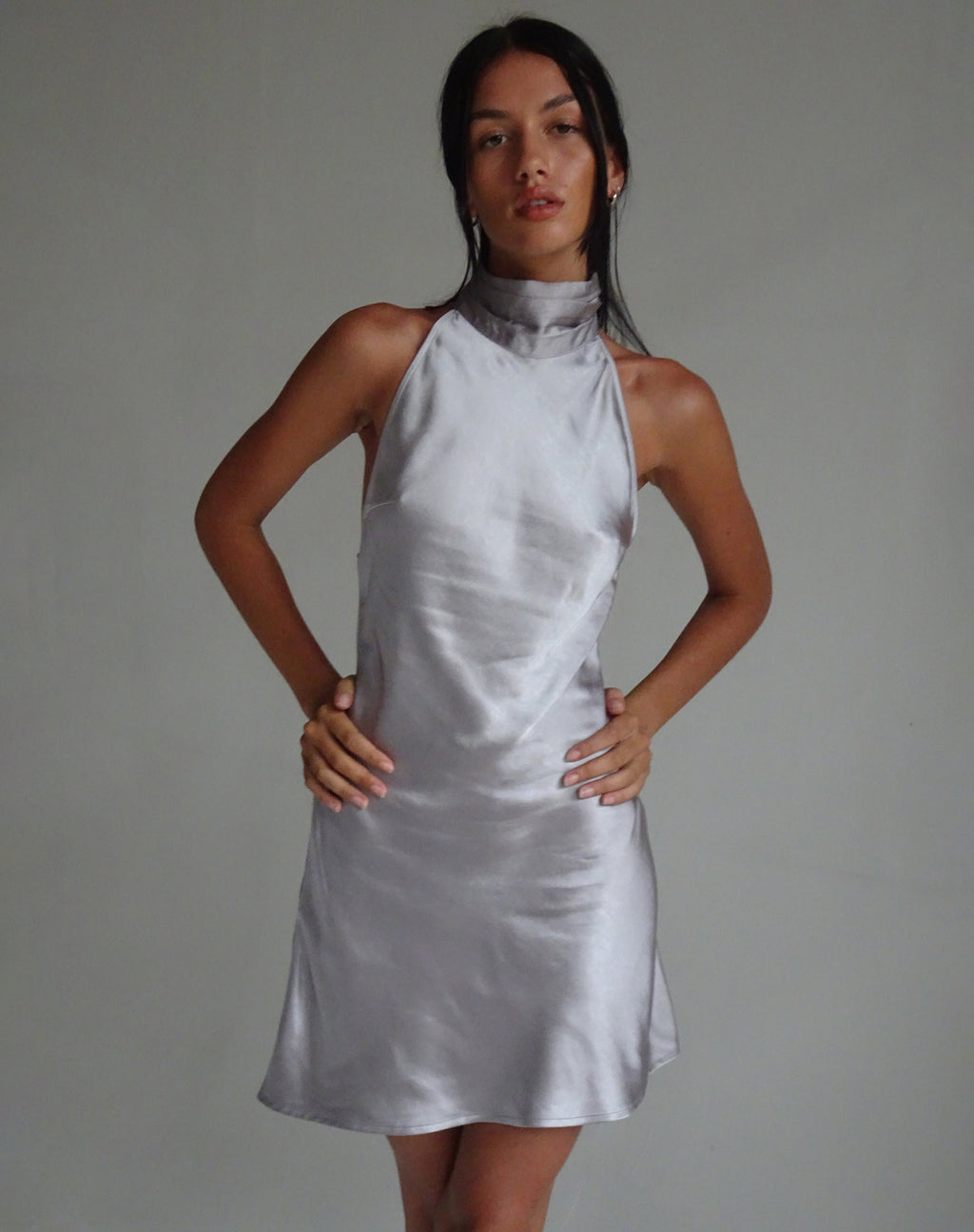 MOTEL X JACQUIE Atik Halterneck Mini Dress in Satin Silver