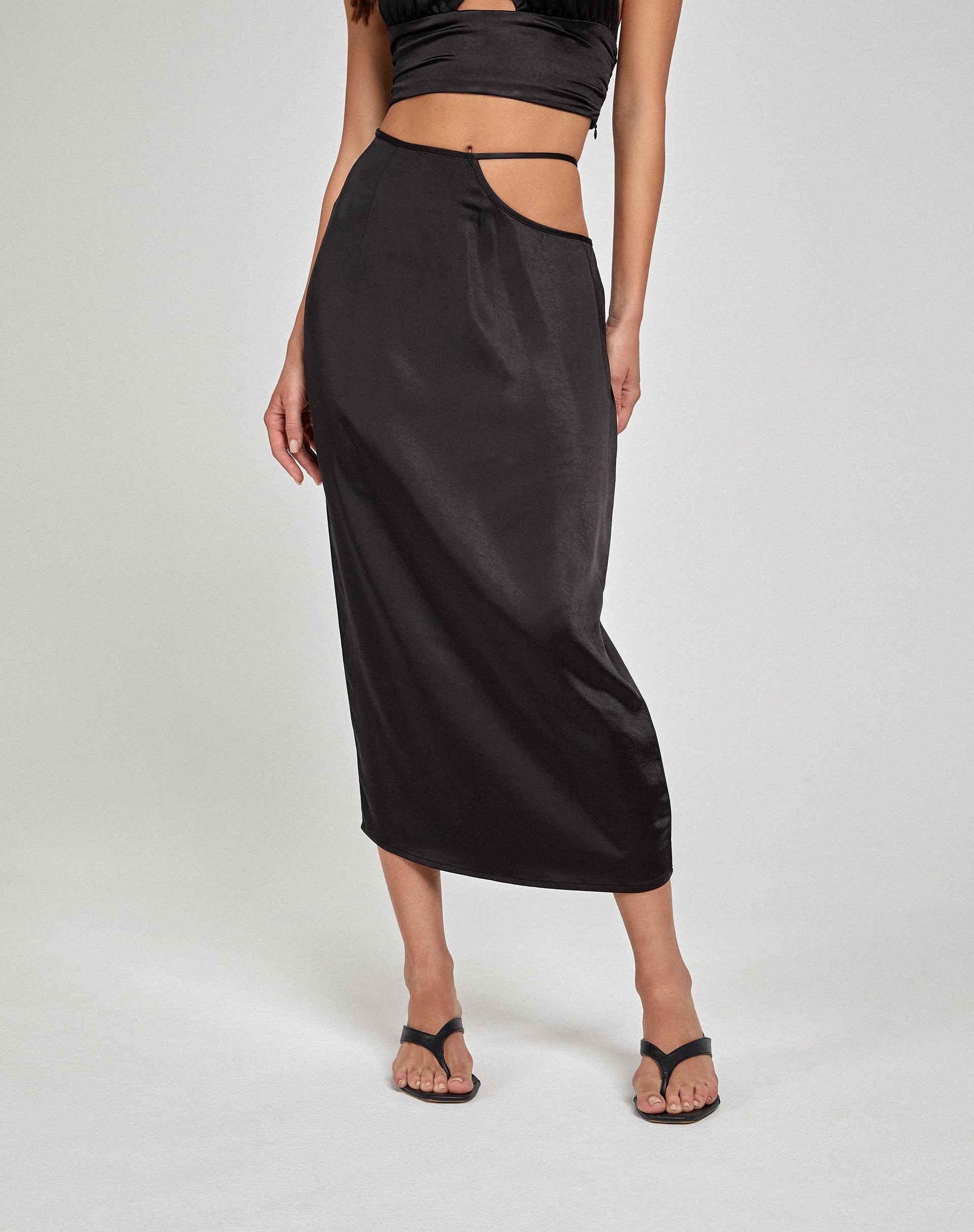 High Cutout Waist Black Satin Midi Skirt | Gardy – motelrocks.com