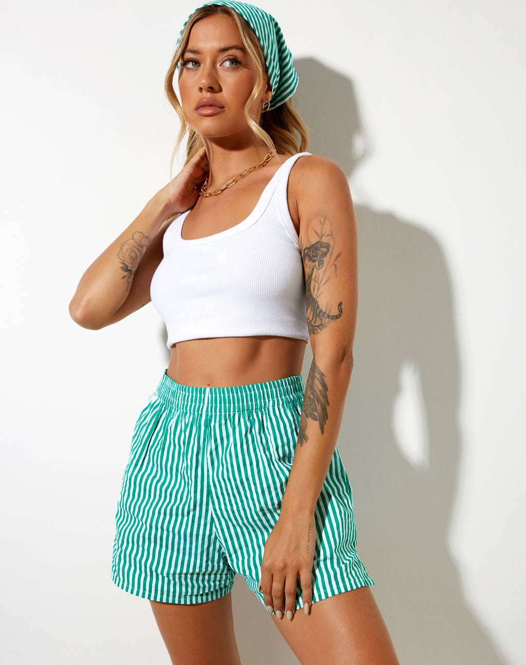 Lala Short in Vertical Stripe Green and White
