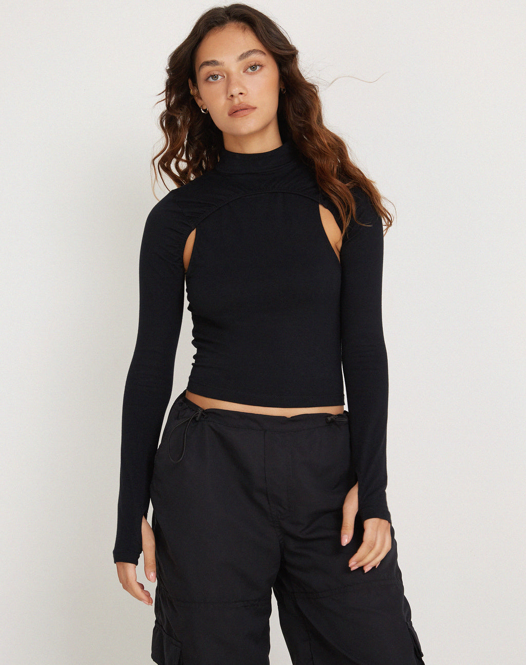 Bandi Long Sleeve High Neck Cut Out Top in Black