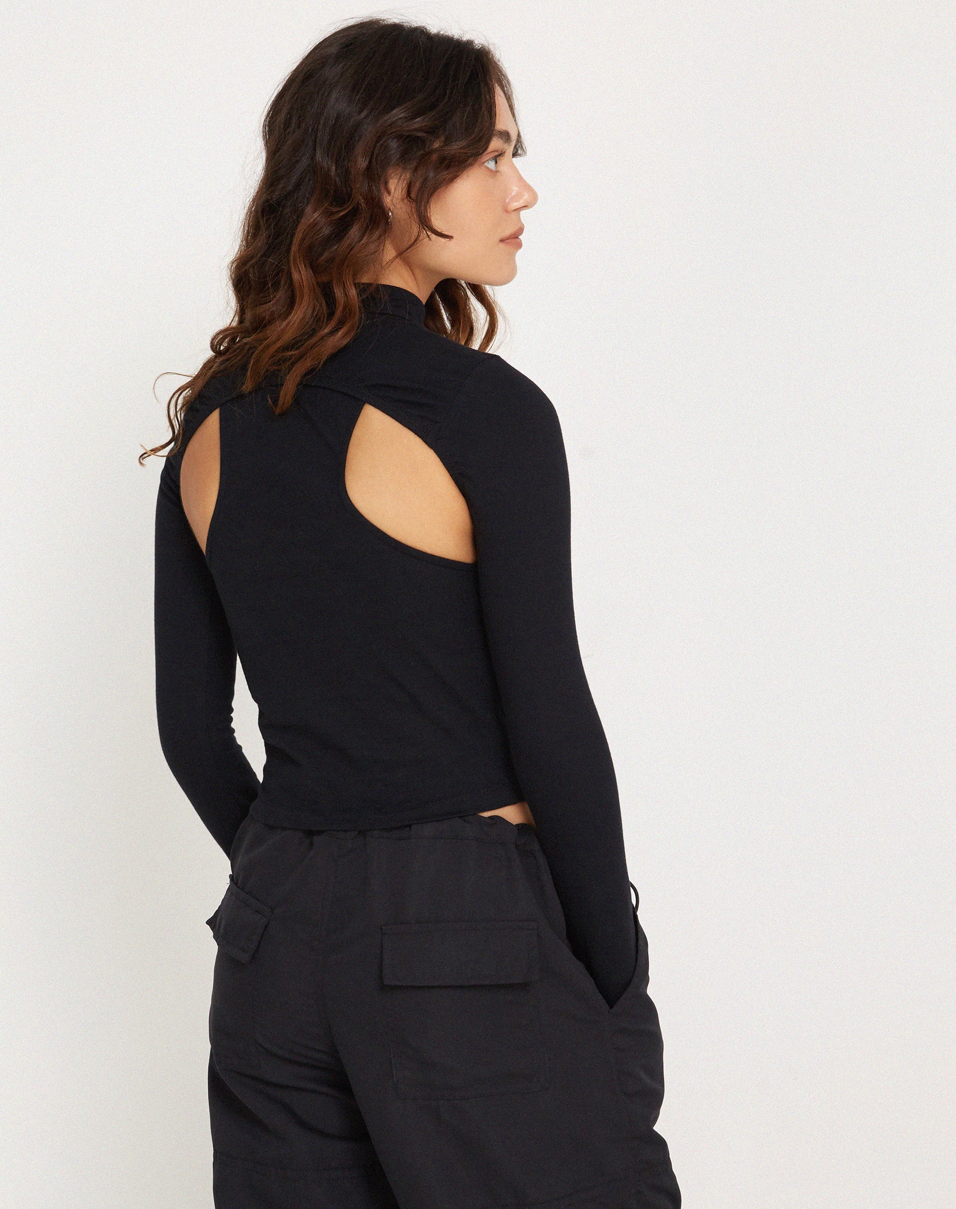 image of Bandi Long Sleeve High Neck Cut Out Top in Black