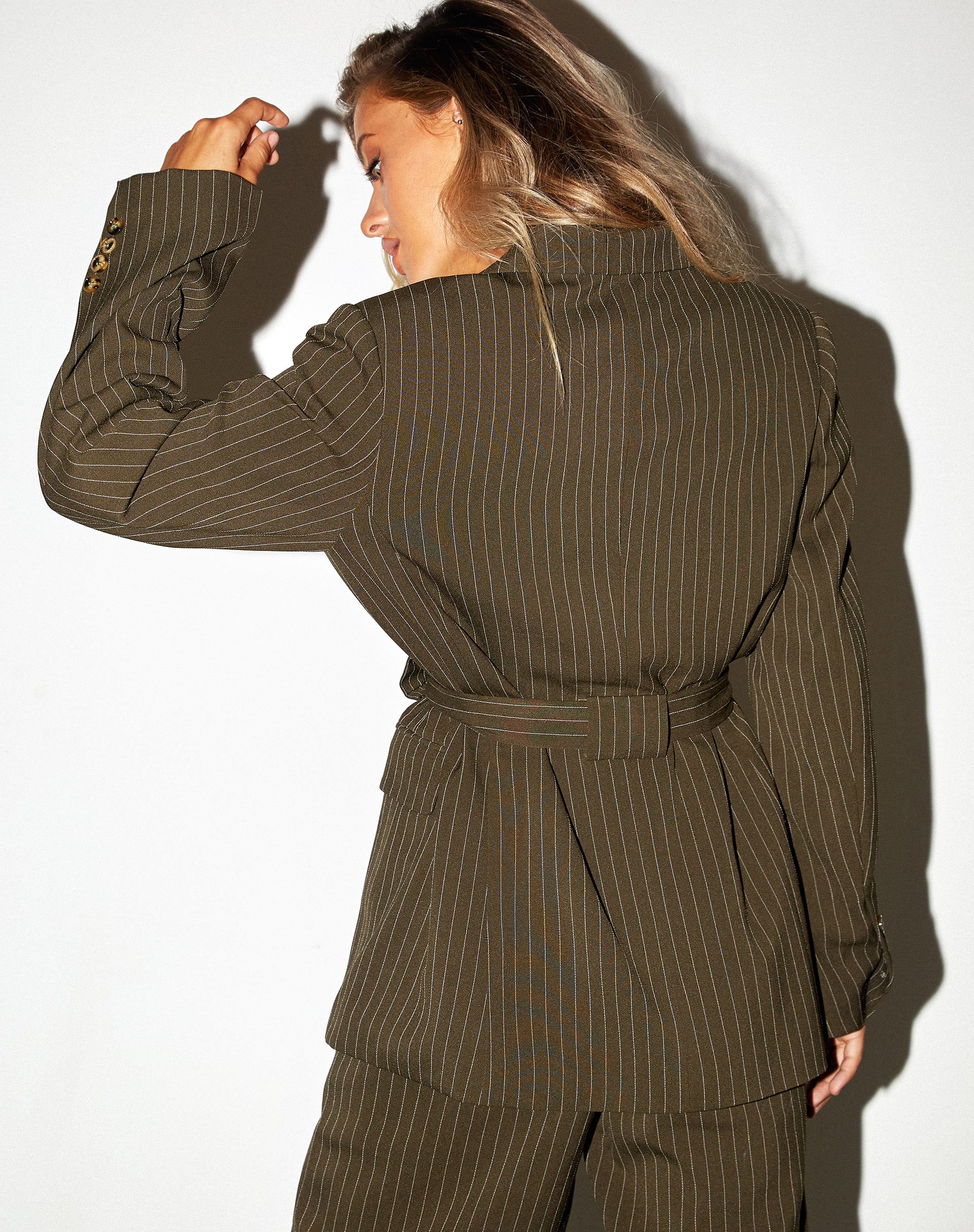 Image of Belted Blazer in Pinstripe Khaki