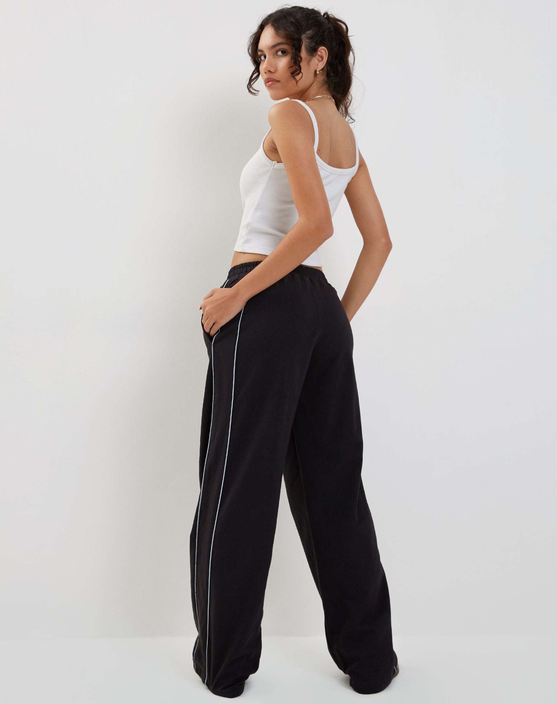 Benton Wide Leg Jogger in Black with Dark Grey Piping and M Embroidery