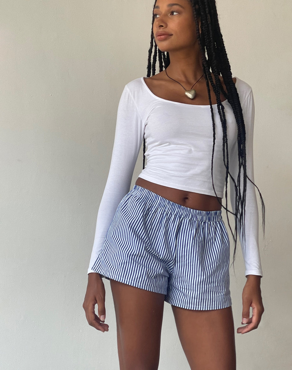 MOTEL X JACQUIE Laboxe Brief Shorts in Poplin Blue Pinstripe