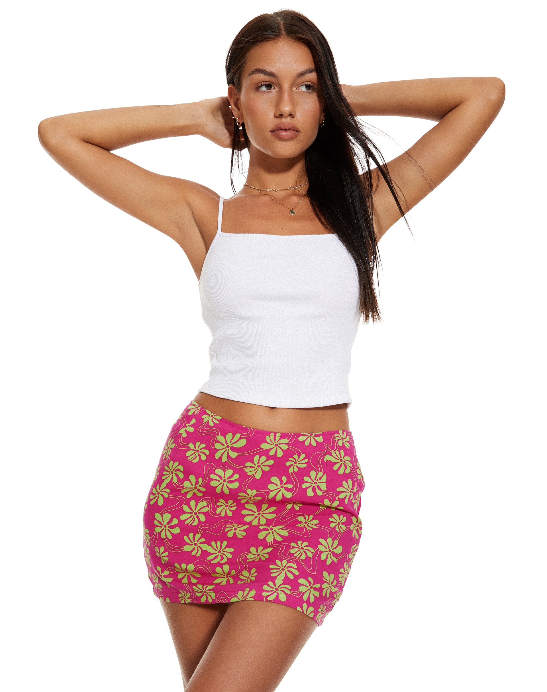 image of MOTEL X BARBARA Ima Mini Skirt in 90's Beachy Floral Hot Pink