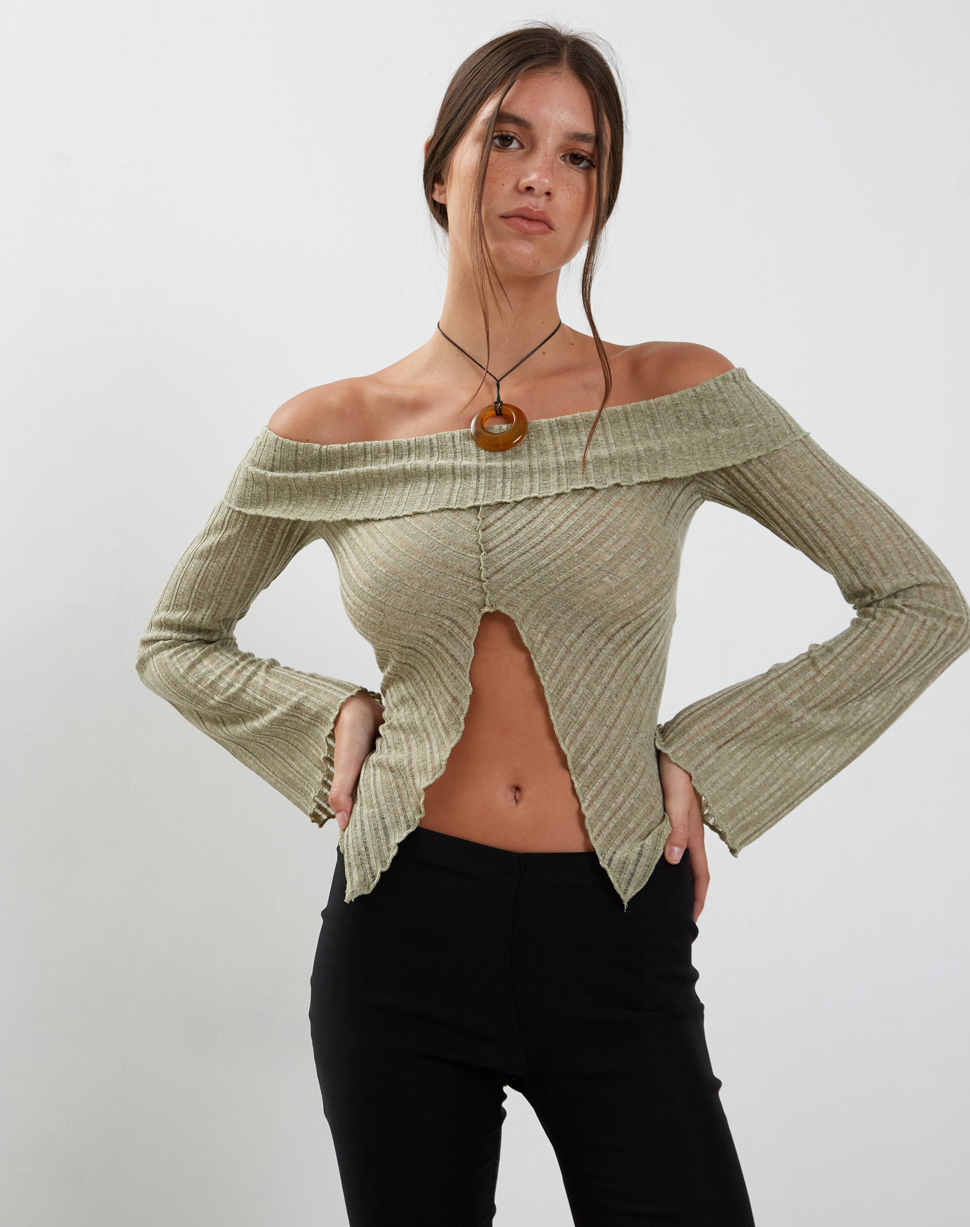 Image of Celeste Long Sleeve Bardot Knitted Top in Sage