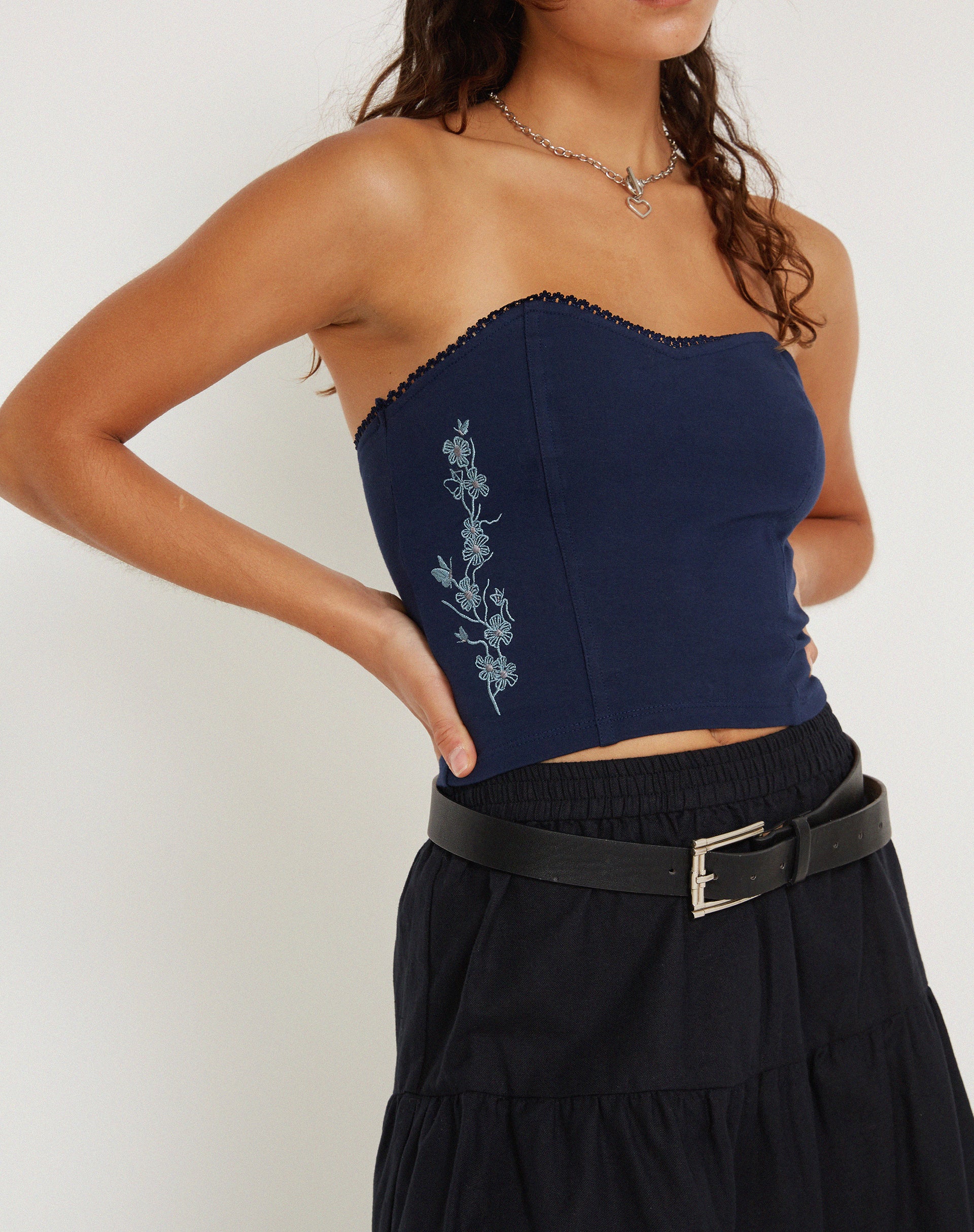 image of Clyde Embroidered Bandeu Top in Navy Flower Butterfly Emb