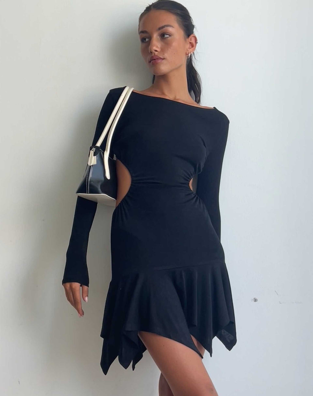 Cordelia Long Sleeve Cut Out Mini Dress in Black