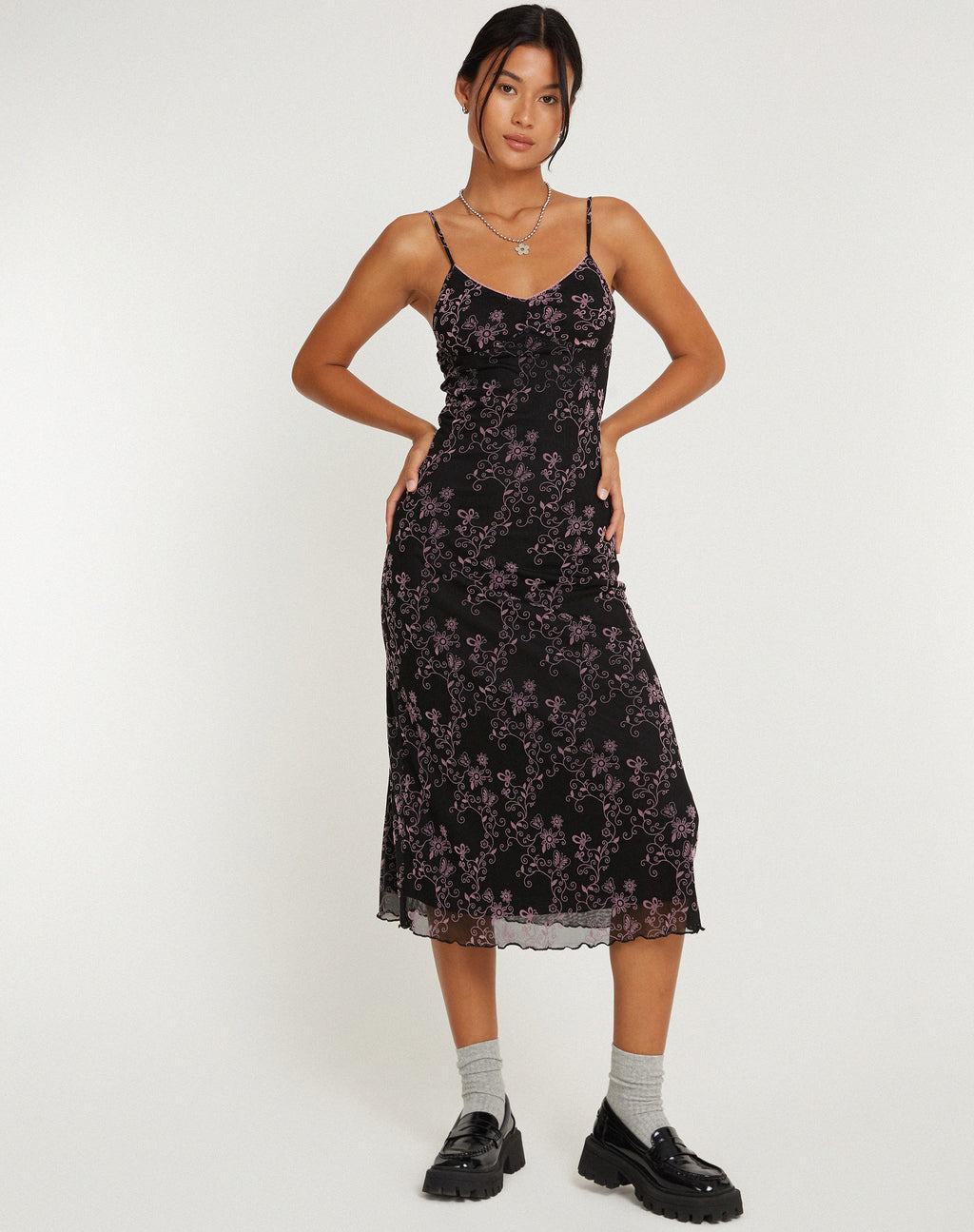Cotina Midi Dress in Butterfly Vine Flock Black and Pink