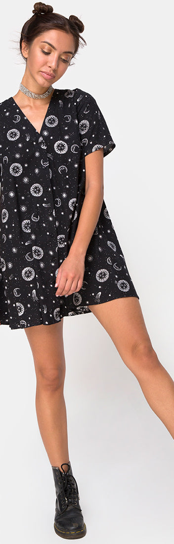 V Neckline Small Celestial black Swing Dress | Crosena - Motel Rocks ...