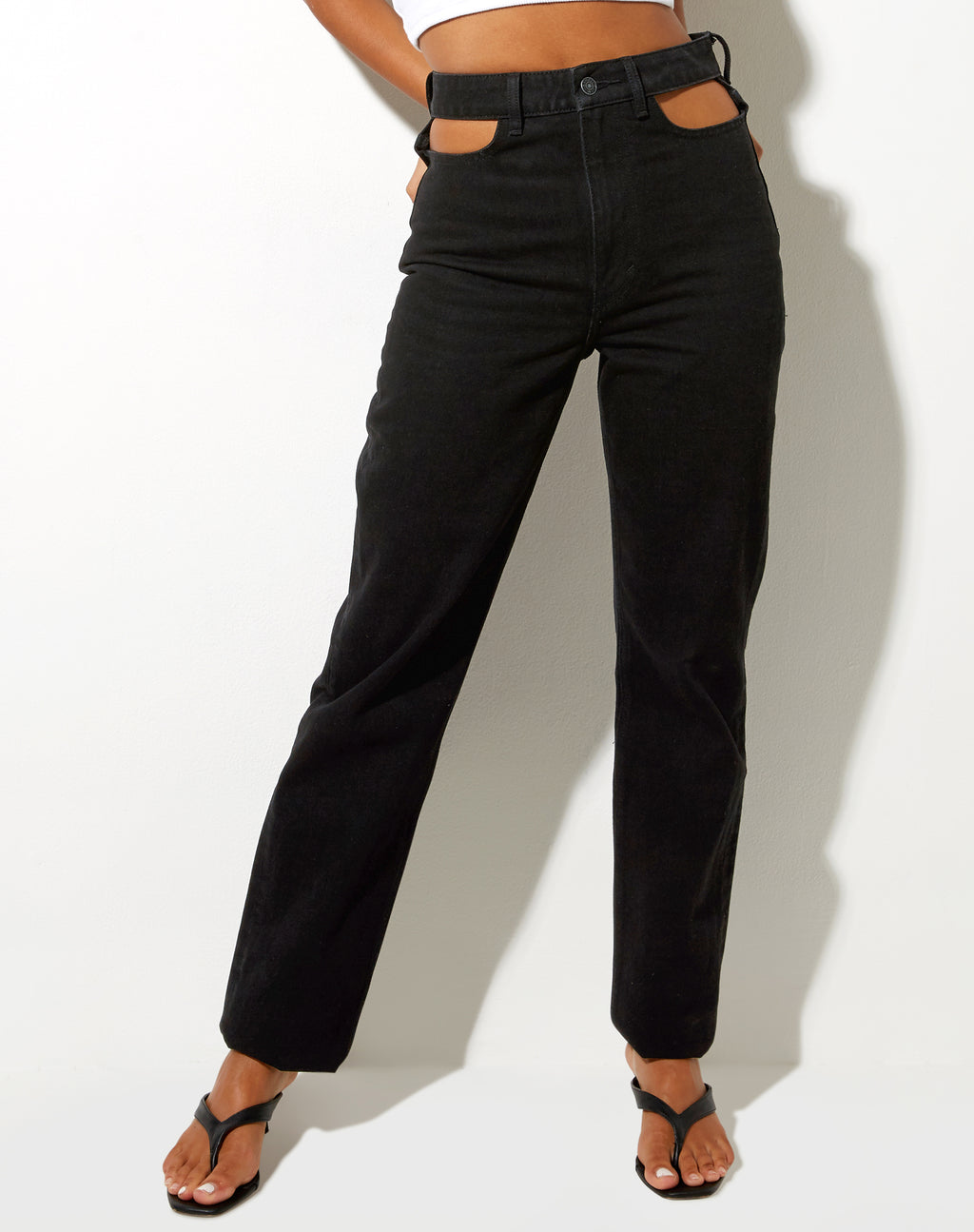 Cut Out Straight Leg Jeans in Black Wash