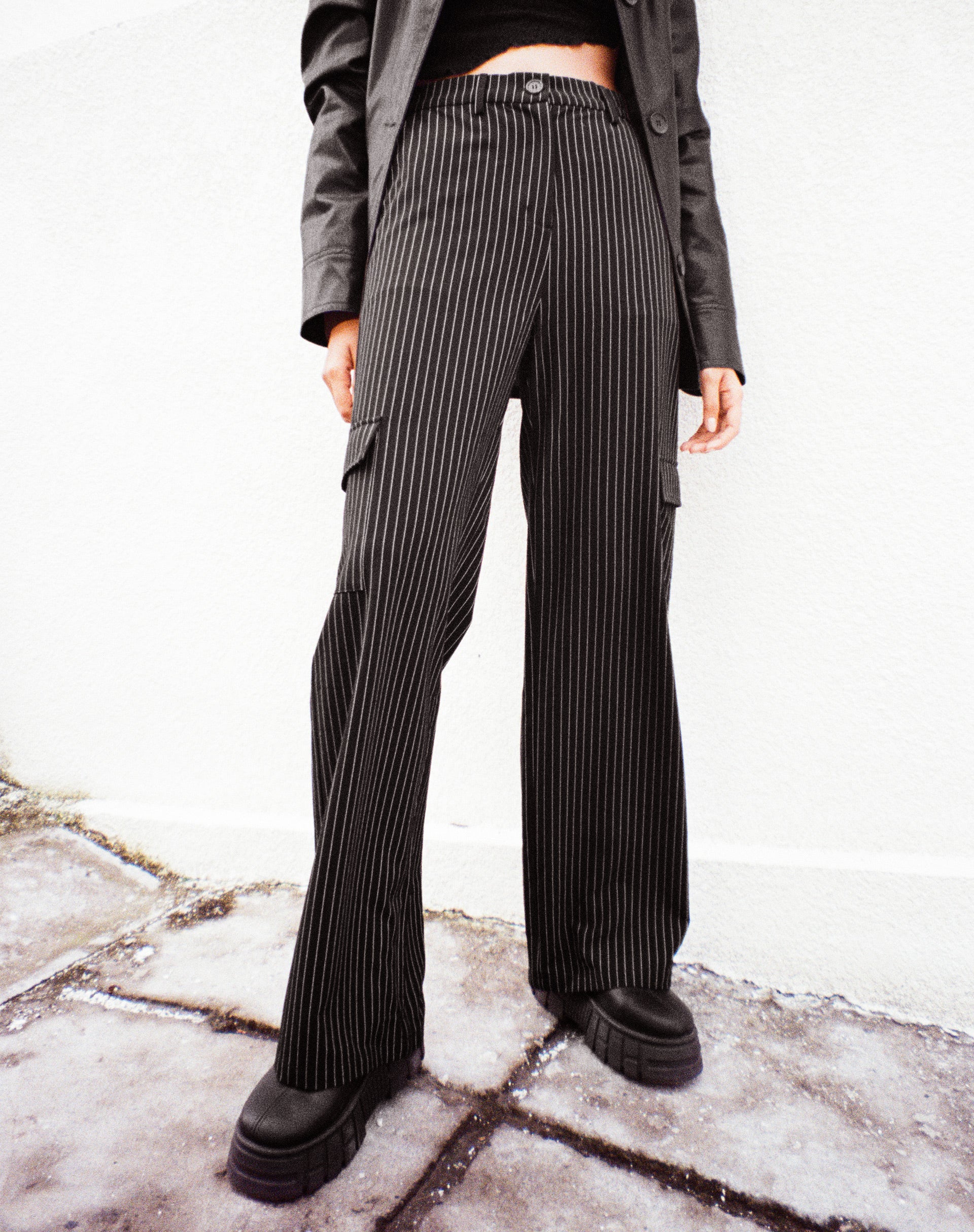 Black Pinstripe Cargo Trousers | Abba – motelrocks.com