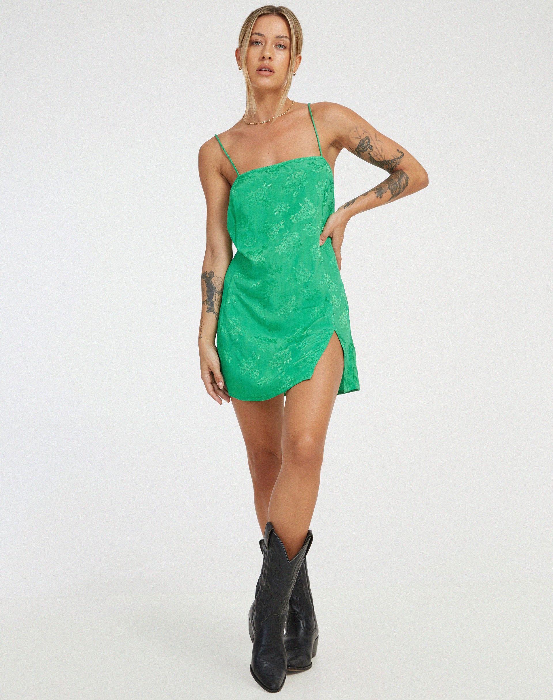 image of Datista Mini Dress in Satin Rose Jade Green