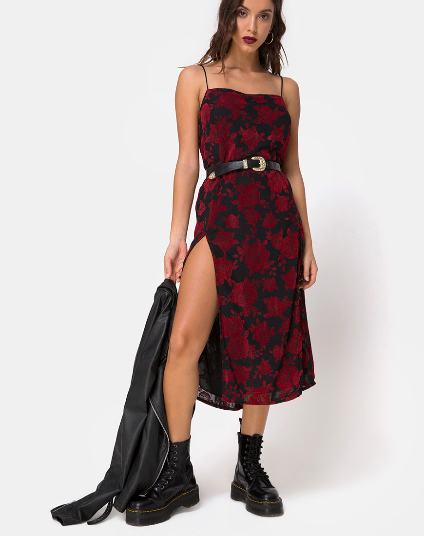 motel rocks black and red dress Exily Mini Dress in Brocade Flower Black and Red
