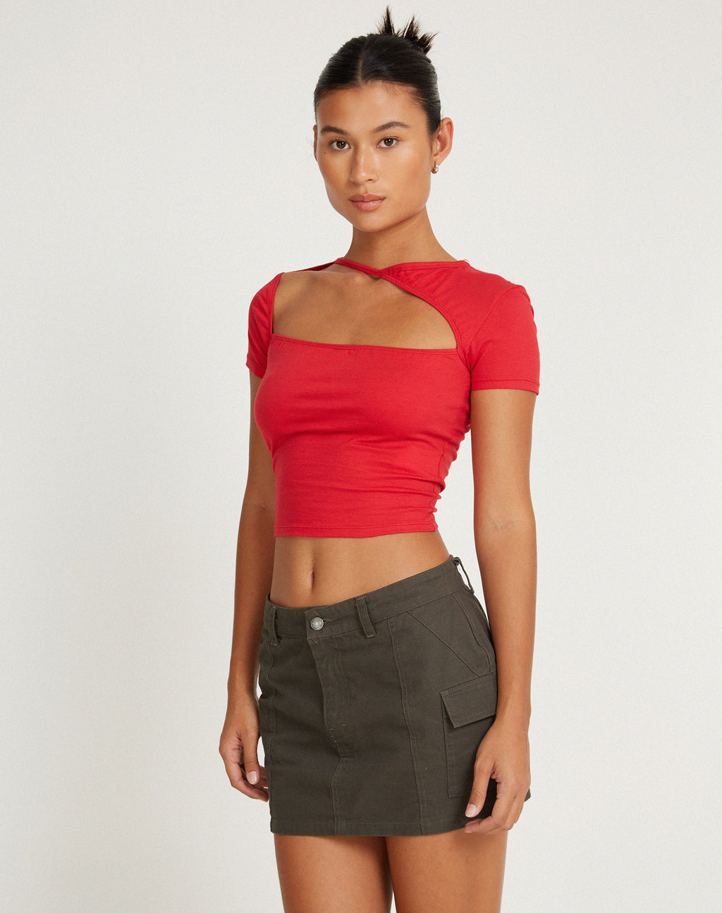 Long Sleeve Fitted Crop Top in Red Dahlia