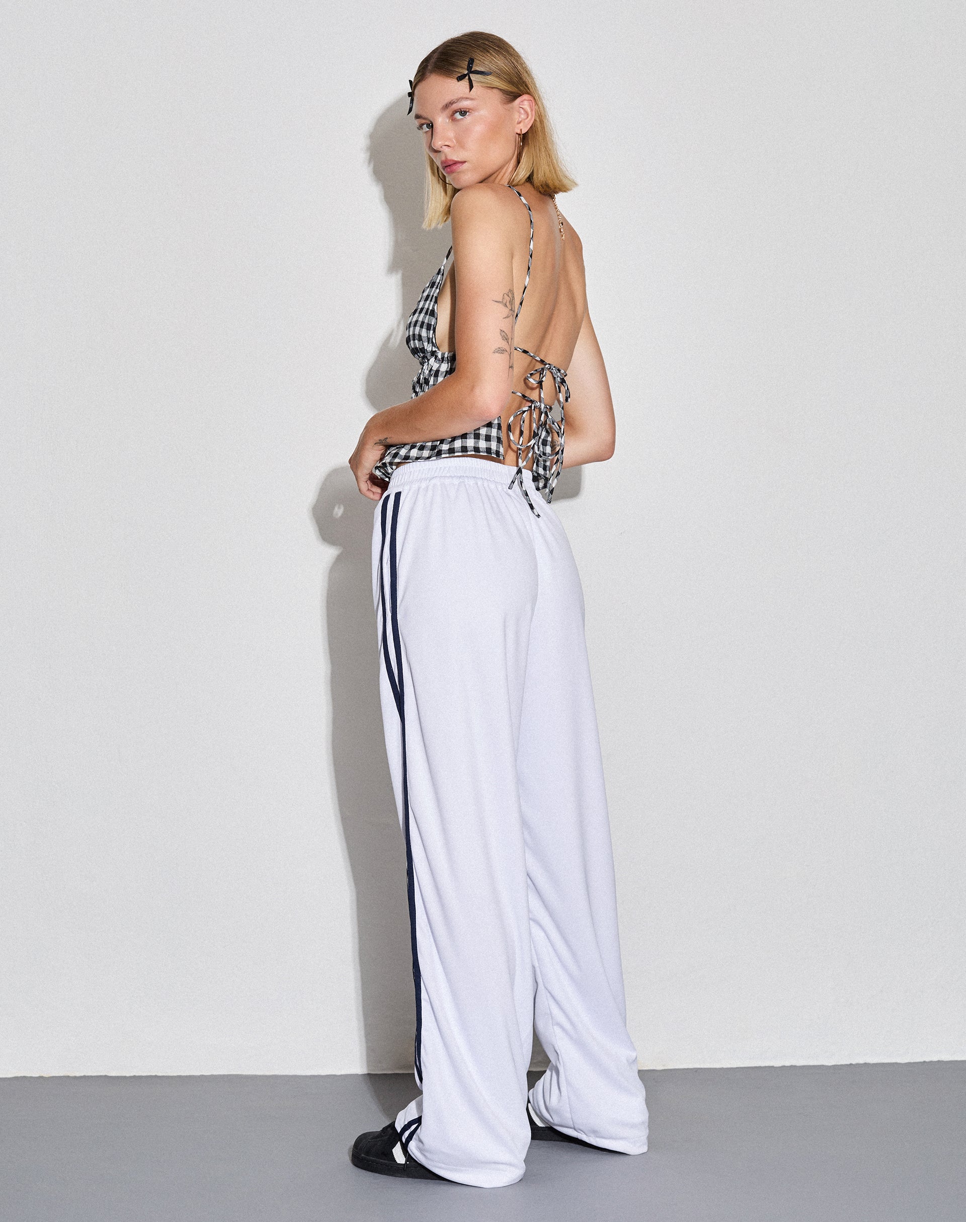 Image of Coze Wide Leg Jogger in White with Navy Double Stripe