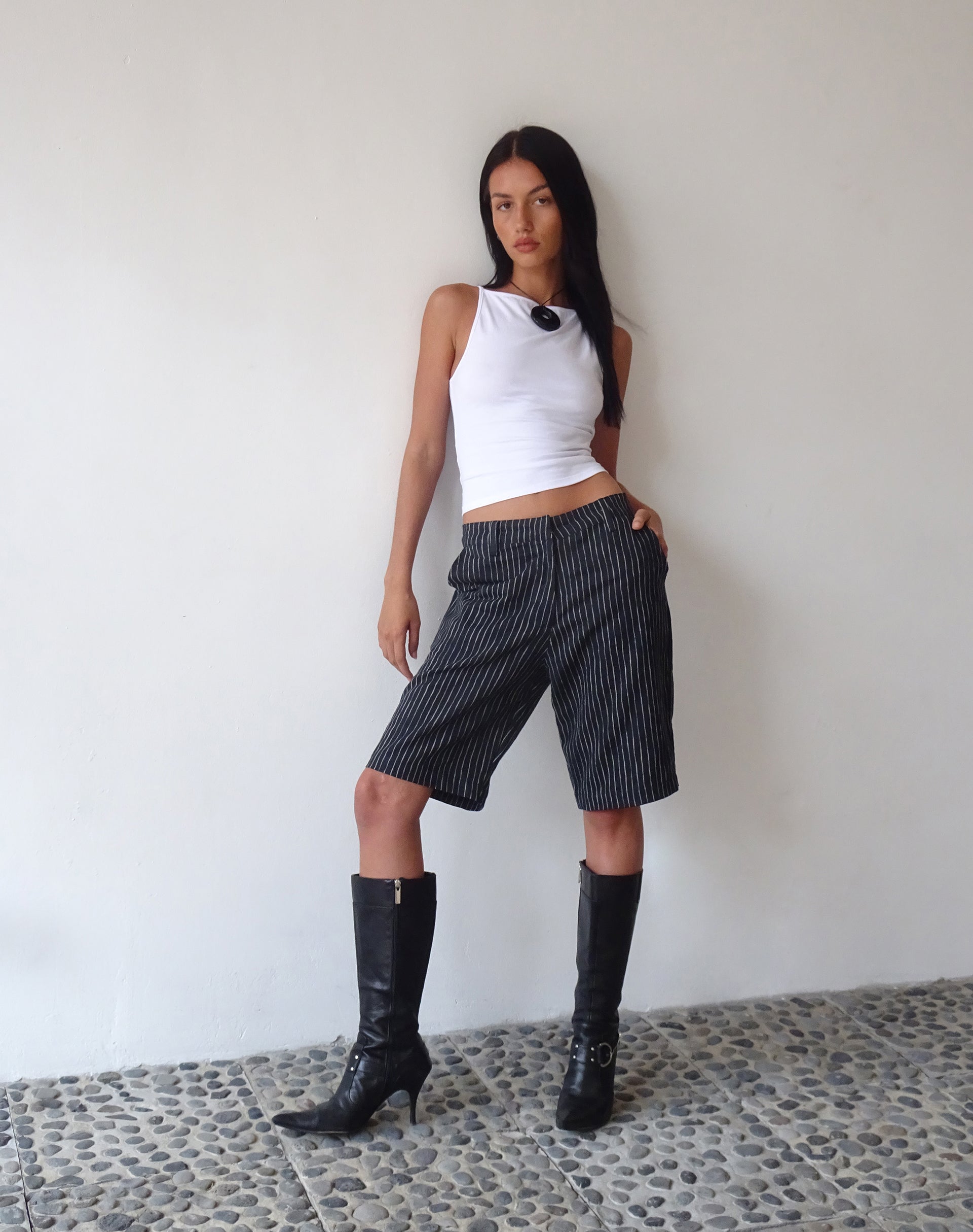 image of MOTEL X JACQUIE Tabaru Longline Shorts in Sketchy Stripe Black