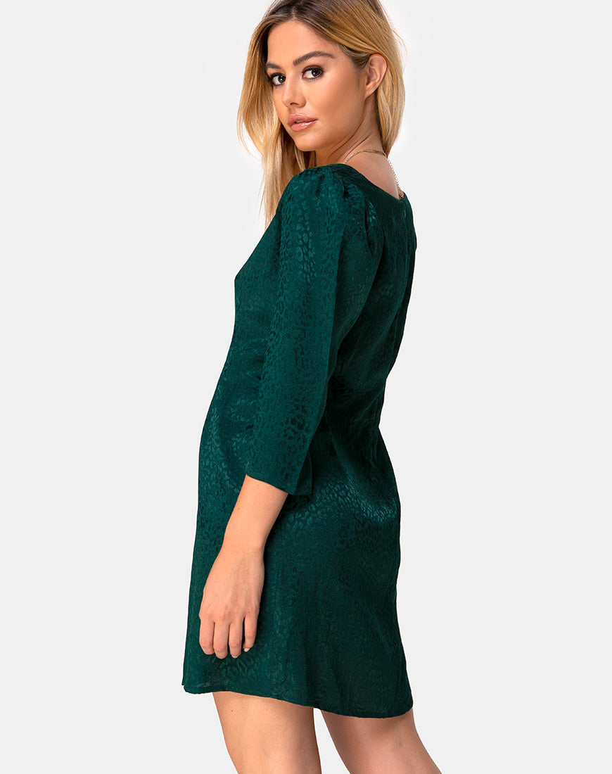 Image of Dumia Mini Dress in Satin Cheetah Forest Green