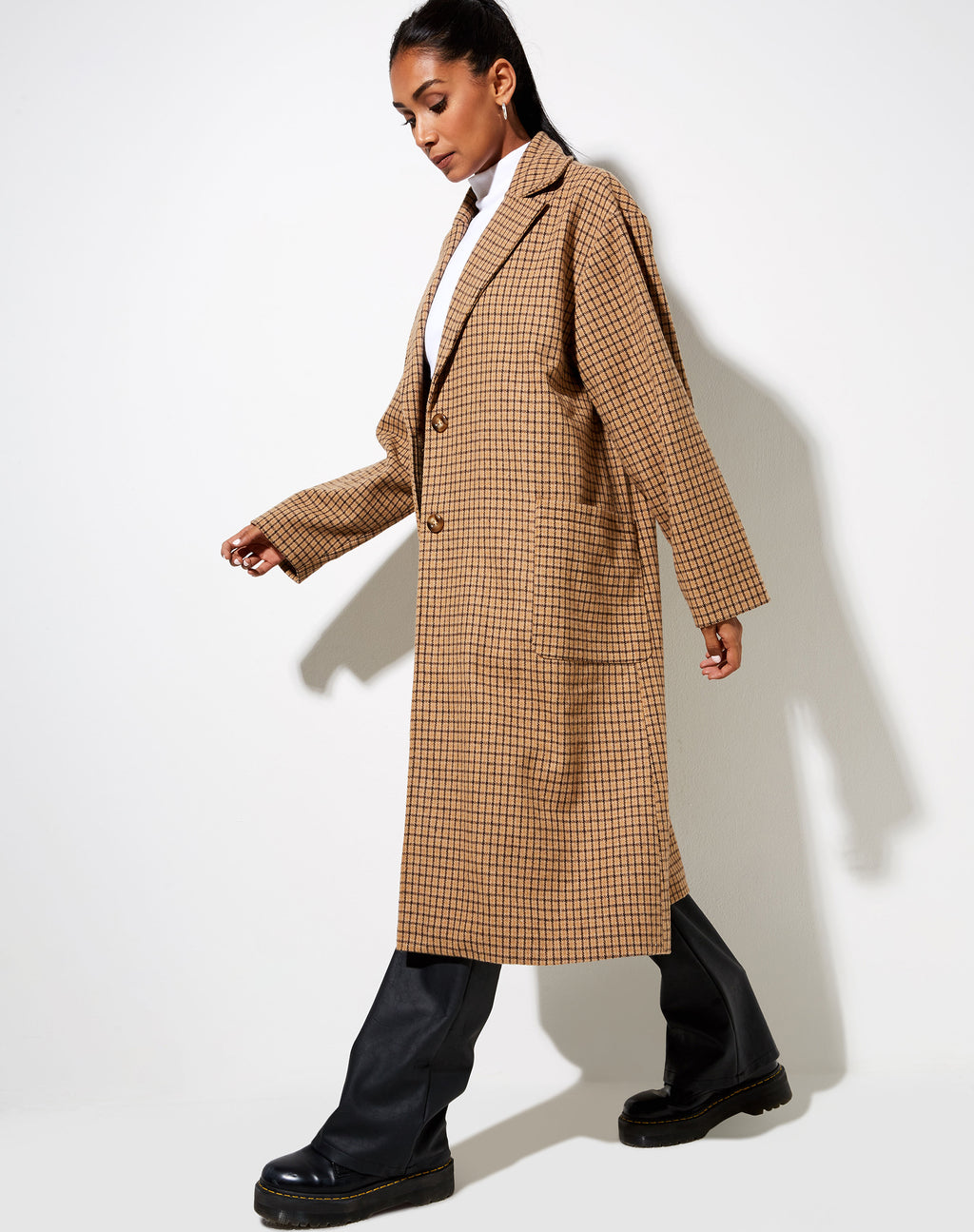 Duster Coat in Houndstooth Brown Check