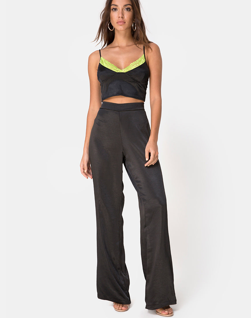 Image of Dyrilla Top in Satin Black with Lime Lace