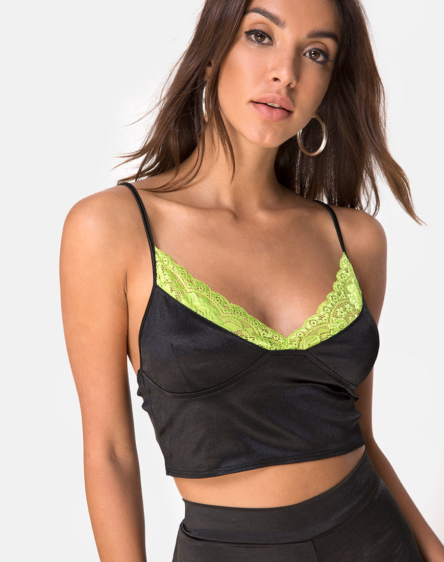 Dyrilla Top in Satin Black with Lime Lace