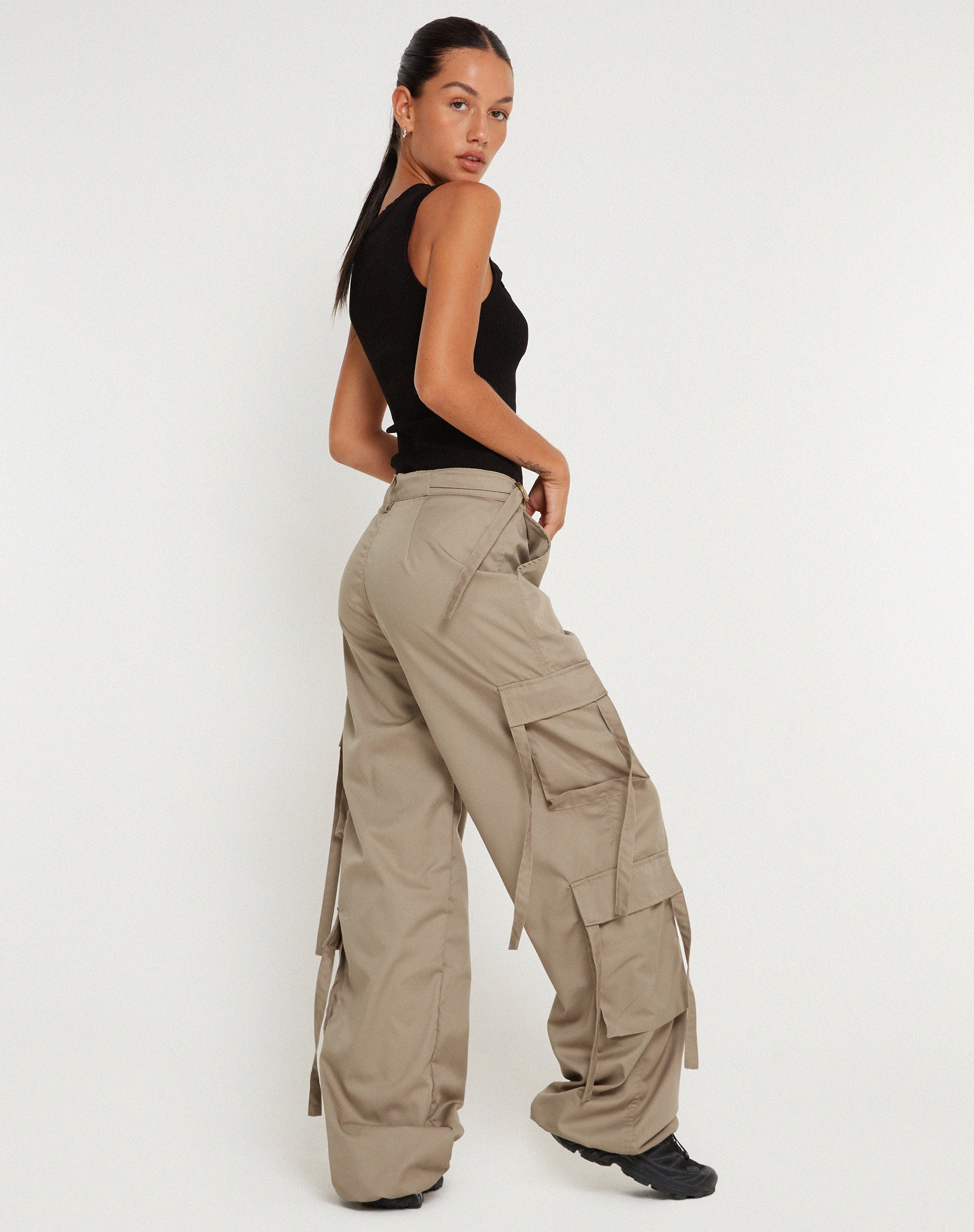 image of Edgar Wide Leg Cargo Trouser in Cotton Drill Taupe