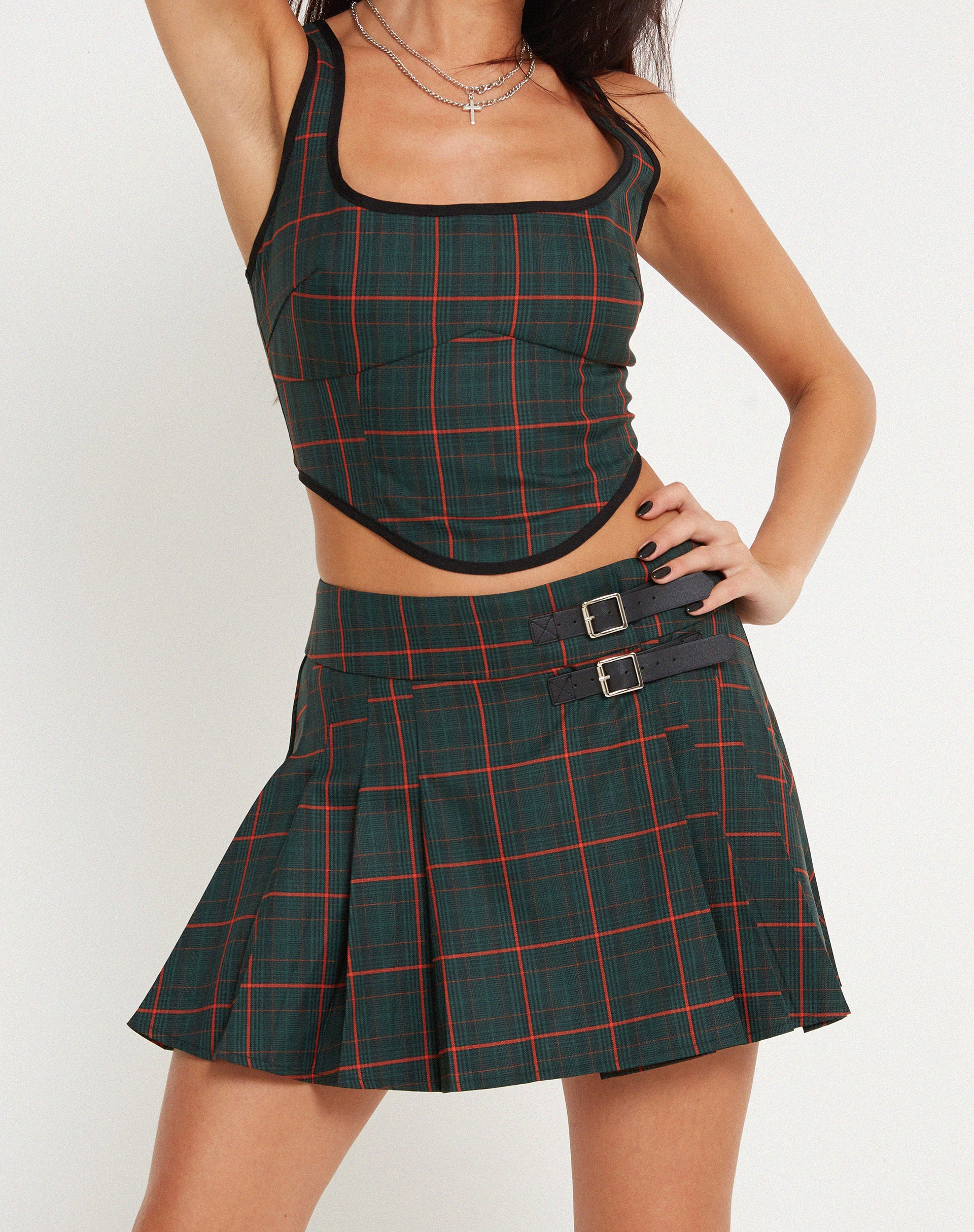 Green tartan pleated mini skirt 2025