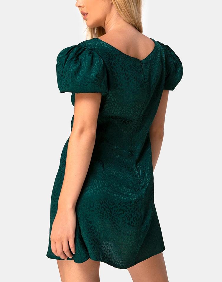 Image of Elfy Mini Dress in Satin Cheetah Forest Green