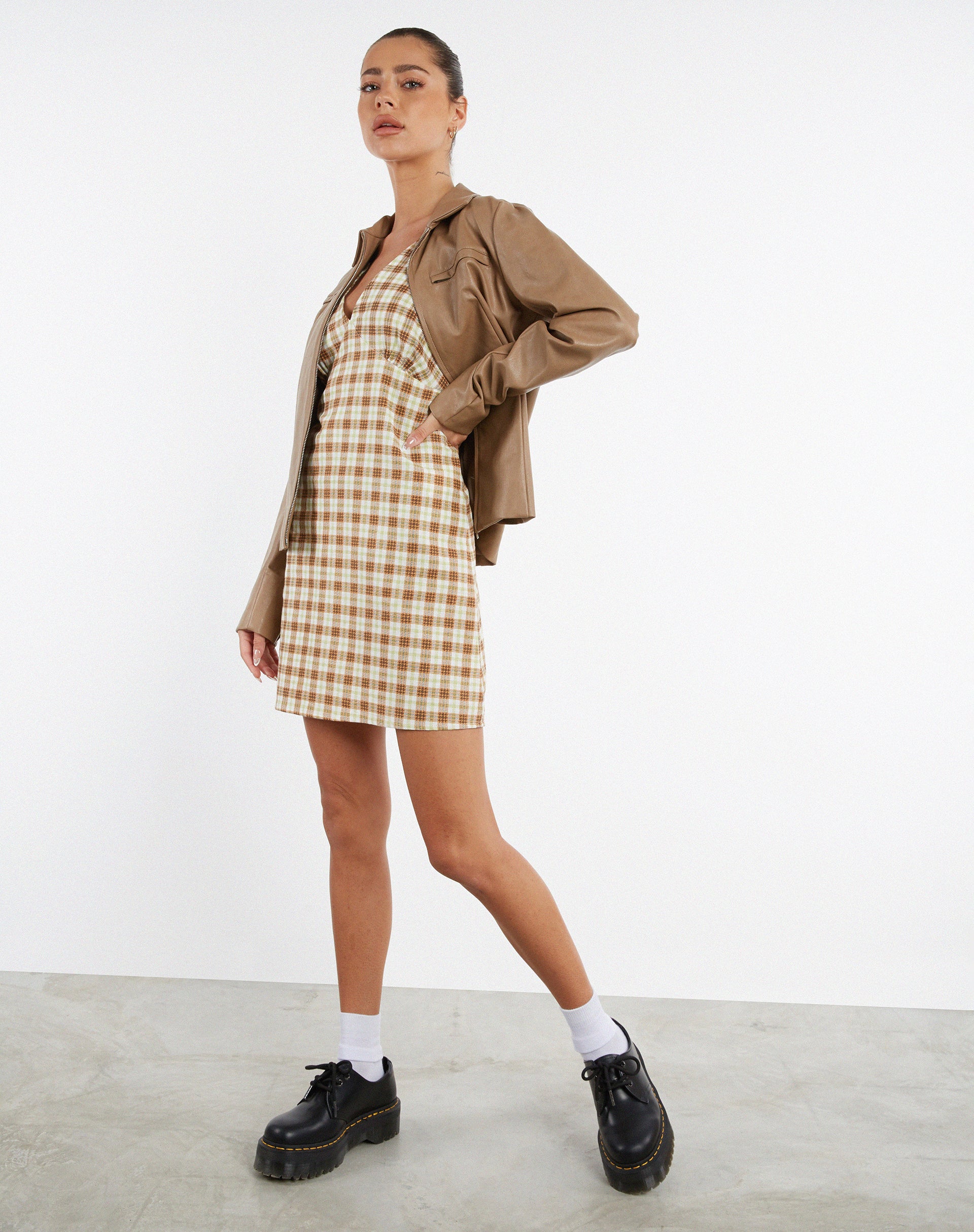 Yellow and Brown Plunge V-neckline Check Print Day Dress | Eluned motelrocks.com Yellow and Brown Plunge V-neckline Check Print Day Dress | Eluned motelrocks.com