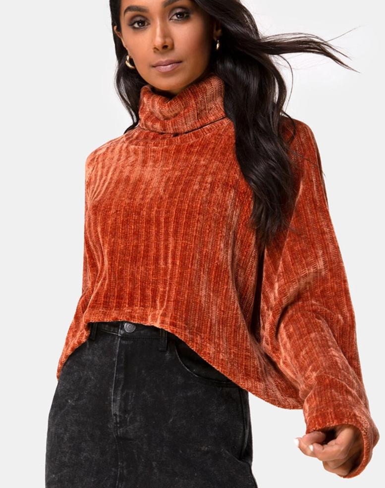 Evie Cropped Sweater in Rust Chenille