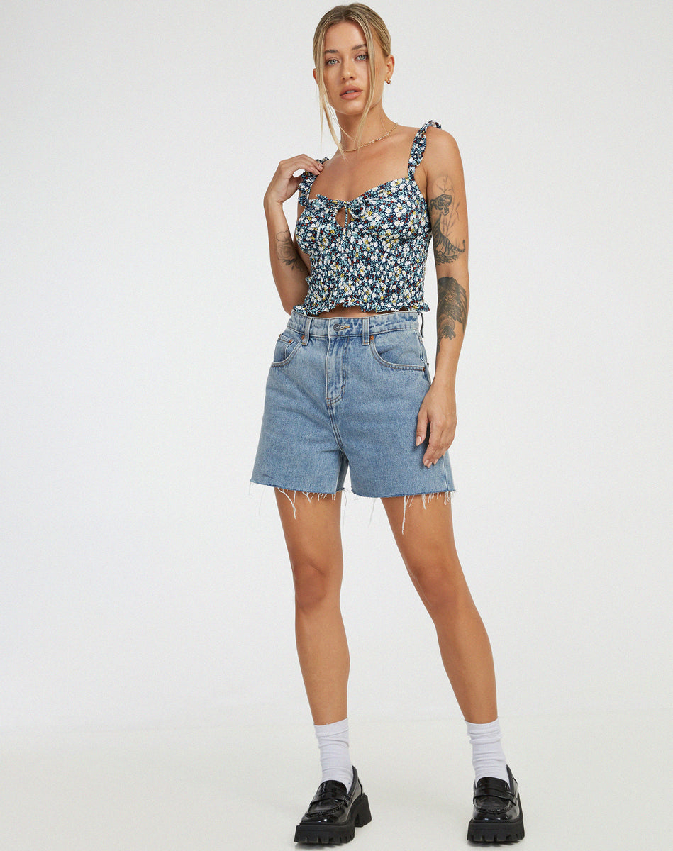 Floral Navy Ruched Cup Frilled Straps Top | Ezra – motelrocks.com