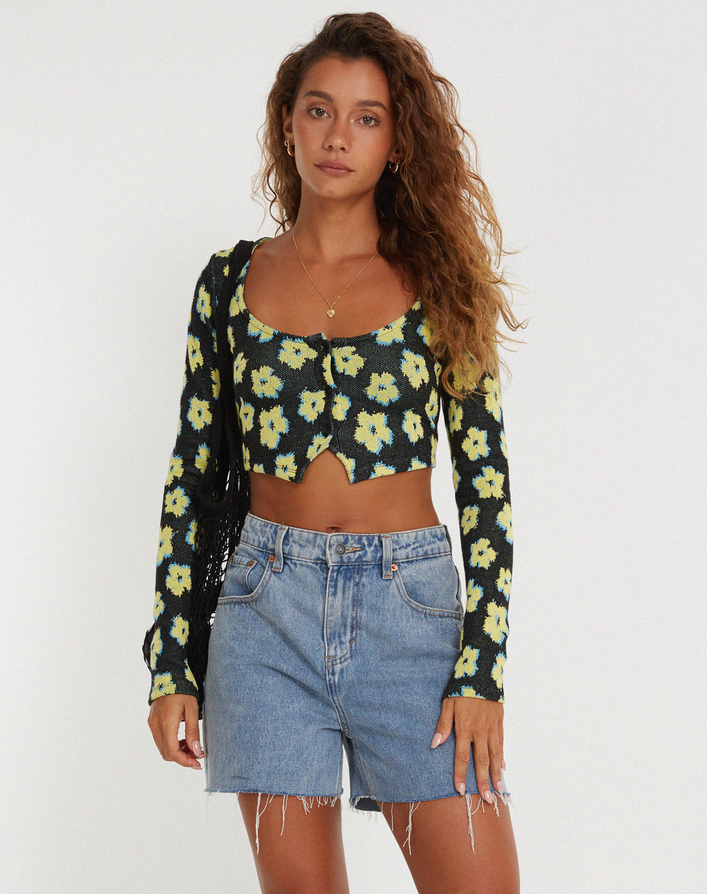 Faline Crop Top in Cute Floral Black and Yellow