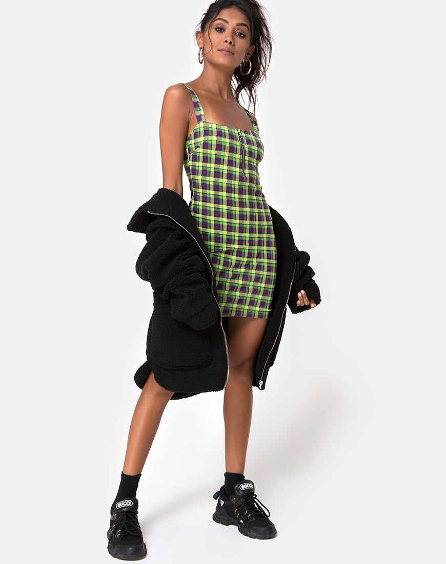 Image of Farzi Bodycon Dress in Green and Purple Check