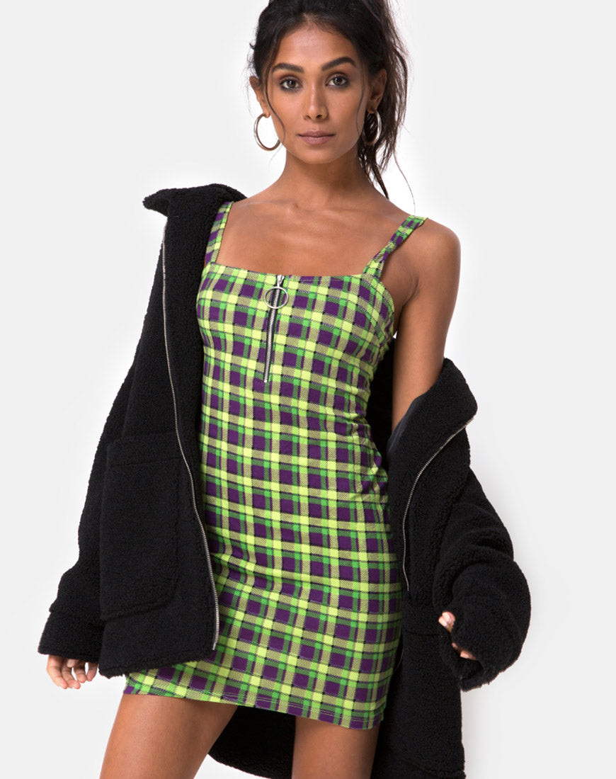 Image of Farzi Bodycon Dress in Green and Purple Check