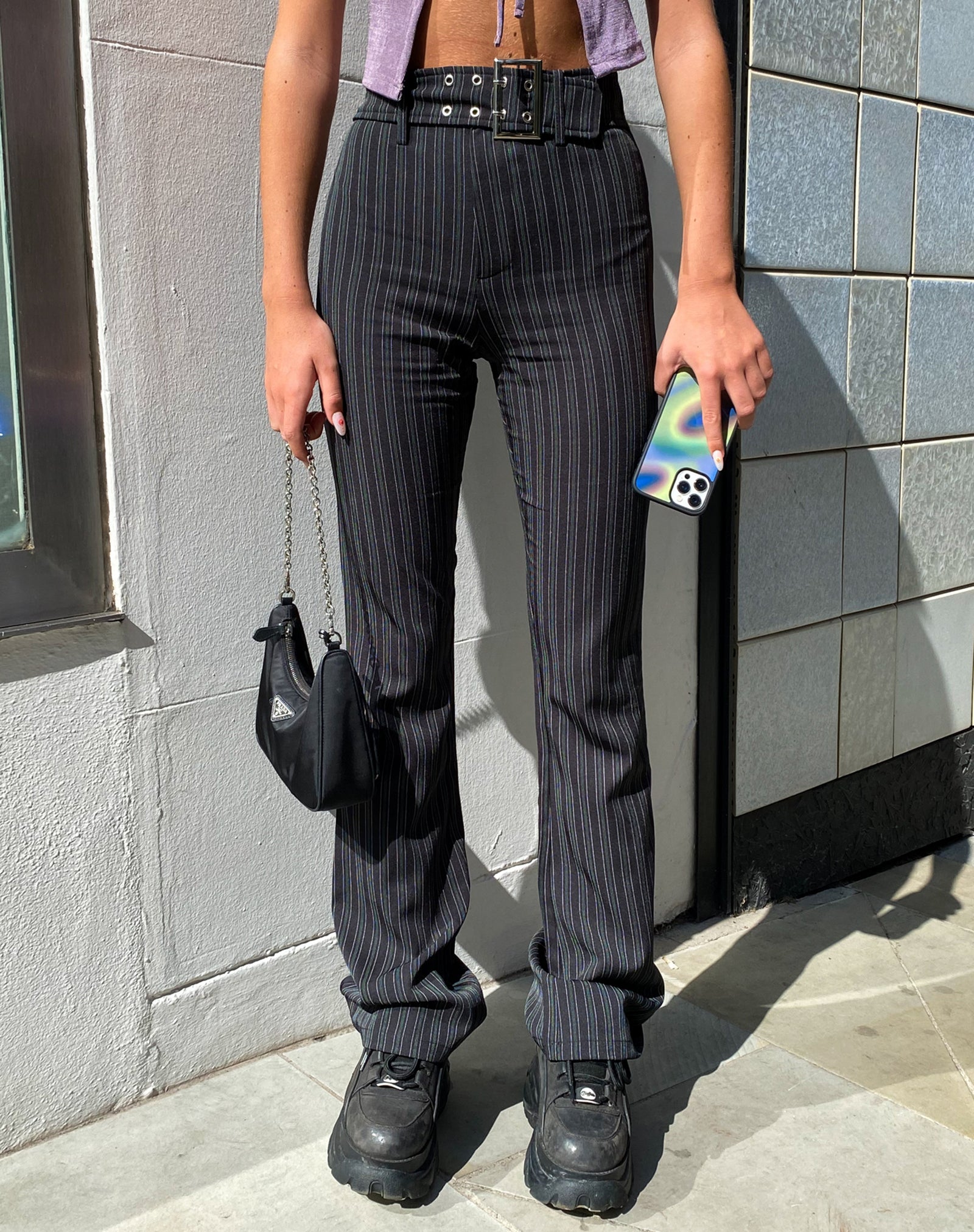 Black Stripe Belted Flare Trousers | Zocha – motelrocks.com