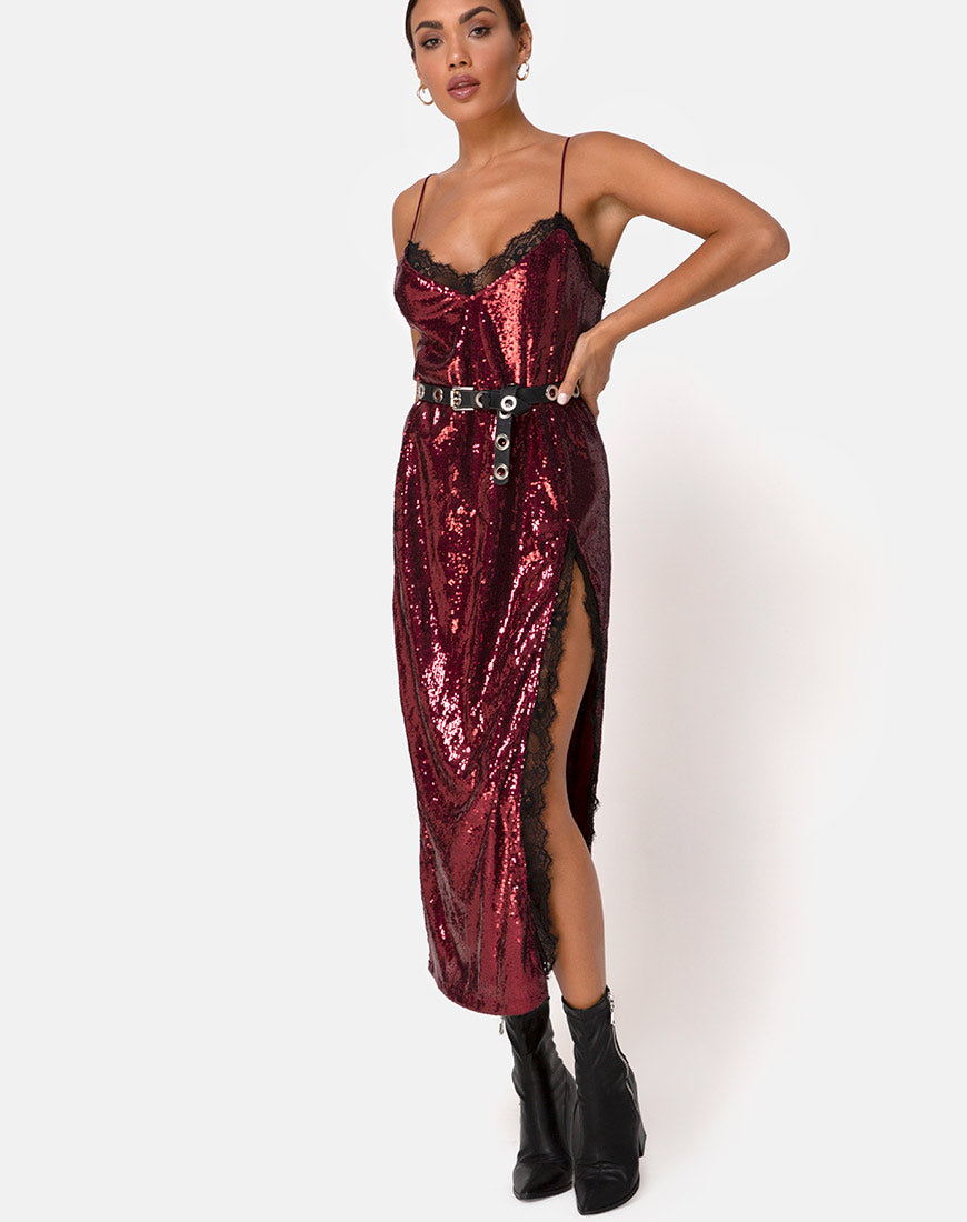 Image of Fitilia Dress in Burgundy Mini Sequin with Black Lace