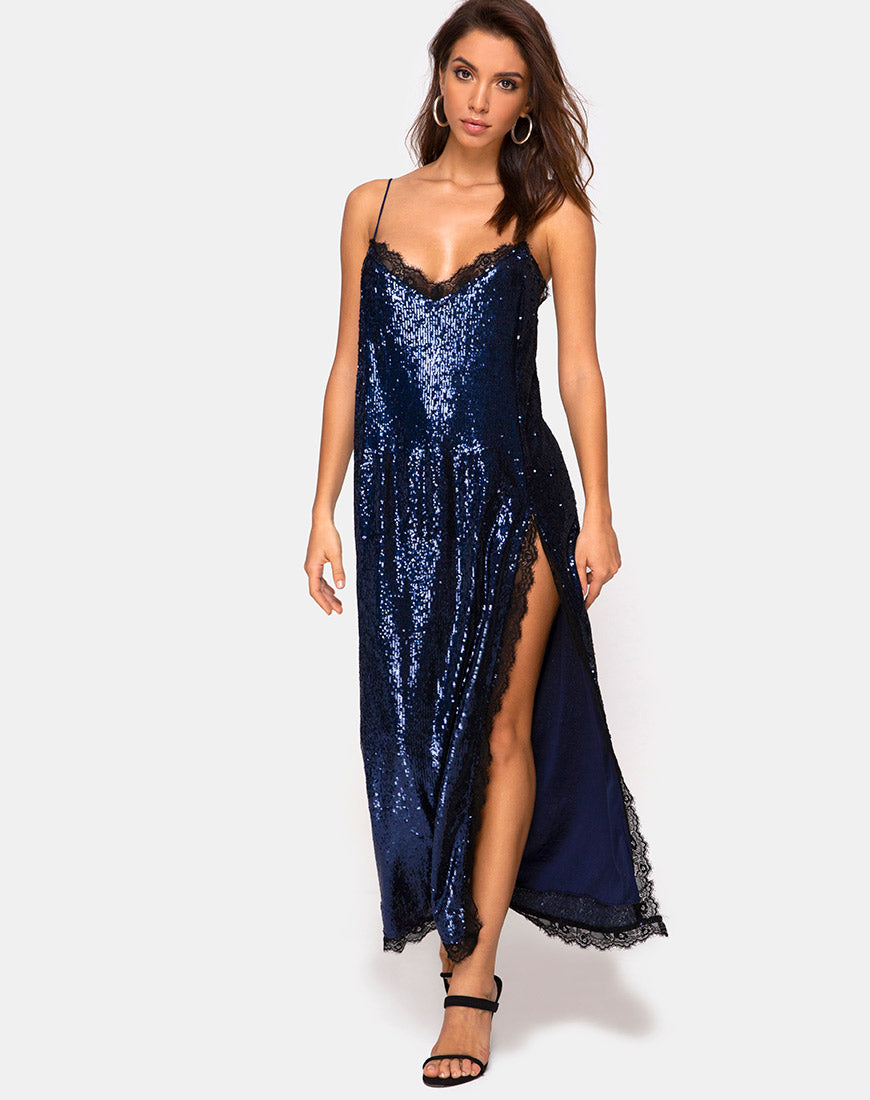 Image of Fitilia Maxi Dress in Midnight Mini Sequin with Black Lace