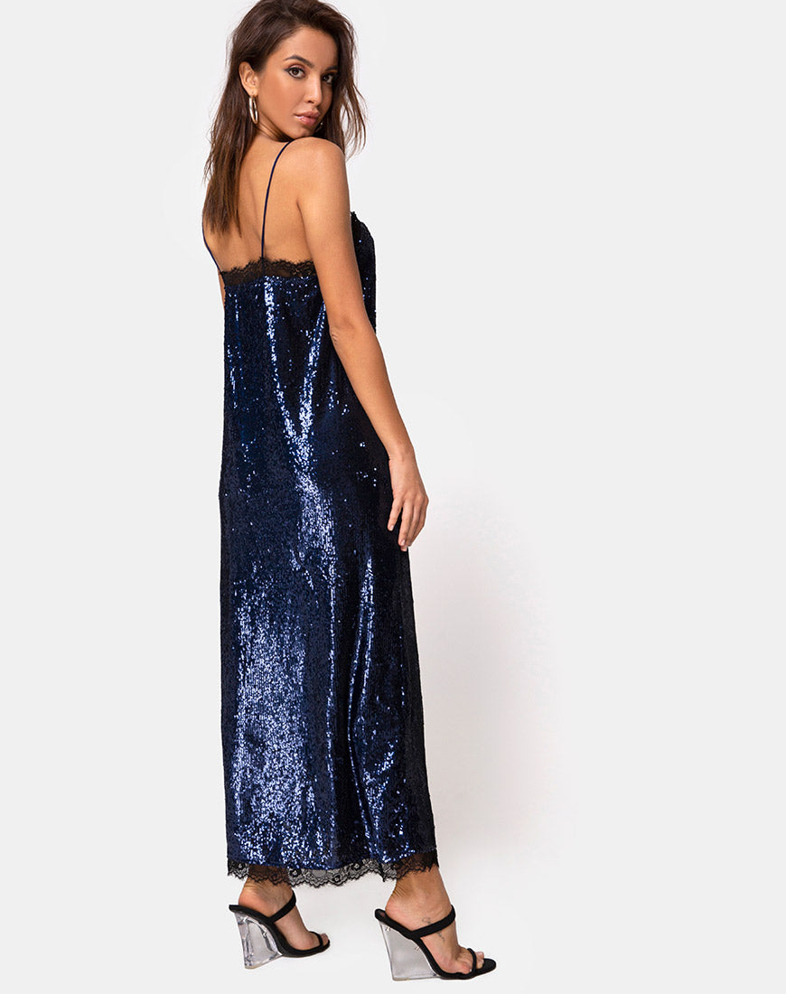 Image of Fitilia Maxi Dress in Midnight Mini Sequin with Black Lace