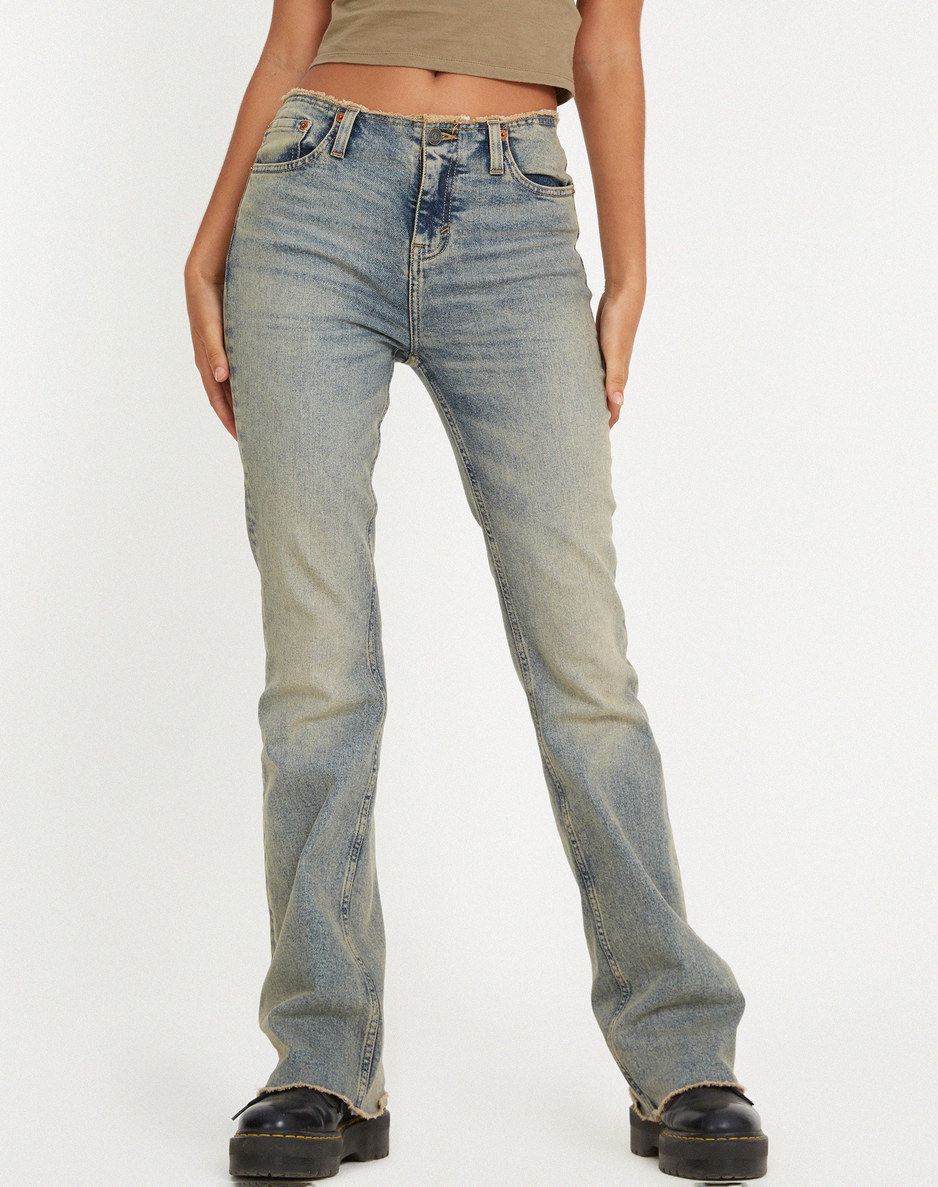 image of Frayed Low Rise Jeans in Light Wash Sandy Tint