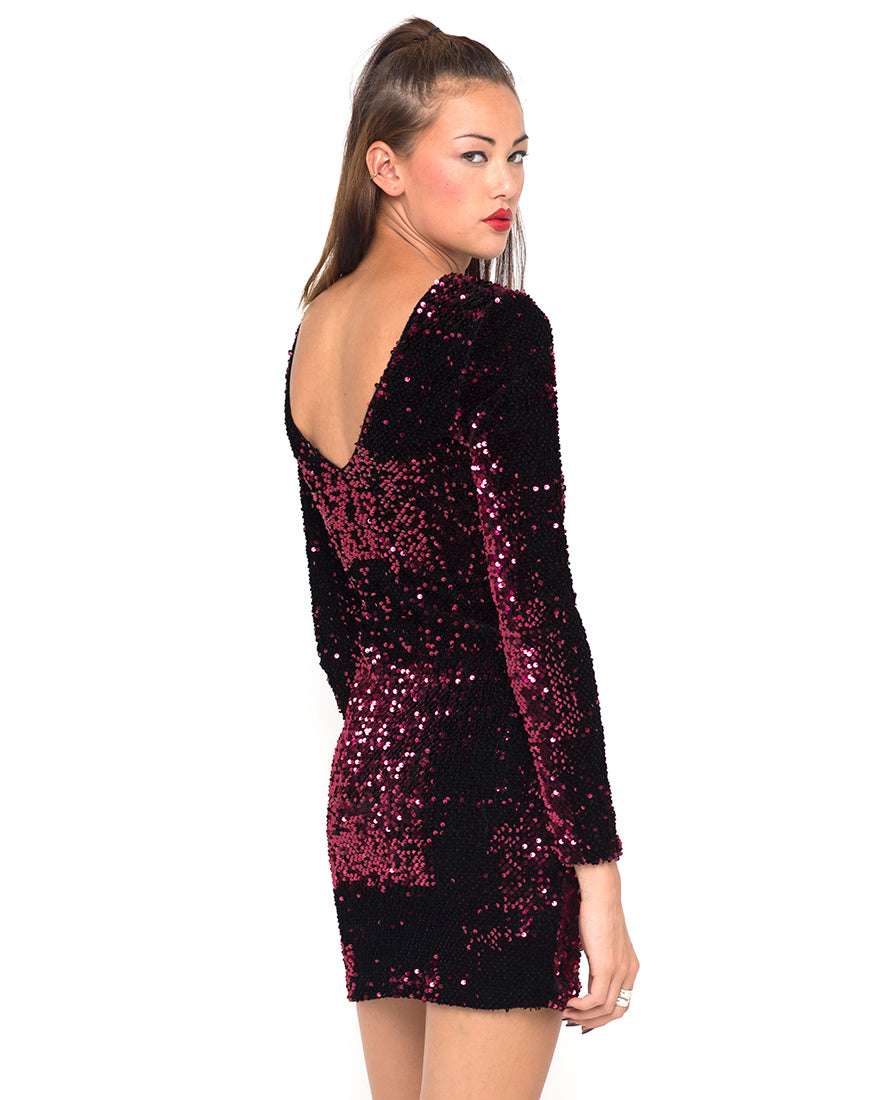 Motel Gabby Plunge Back Dress in Burgundy Sequin