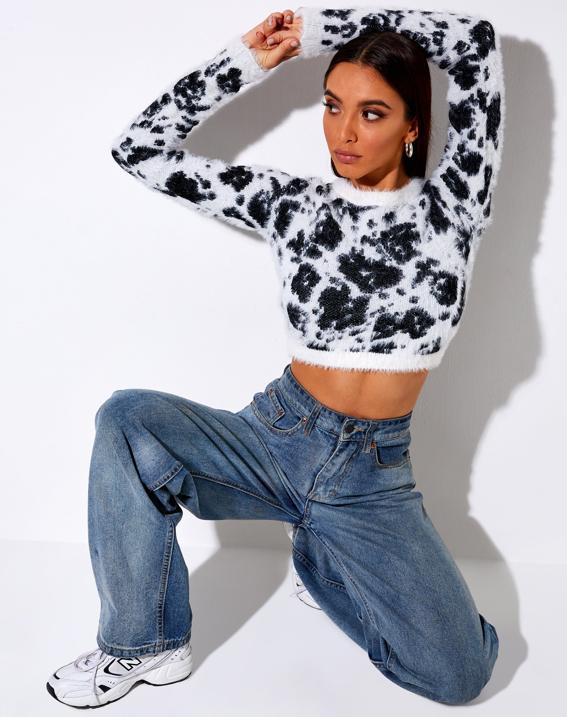 Image of Gail Jumper in Fluffy Knit Cow Hide Black and White