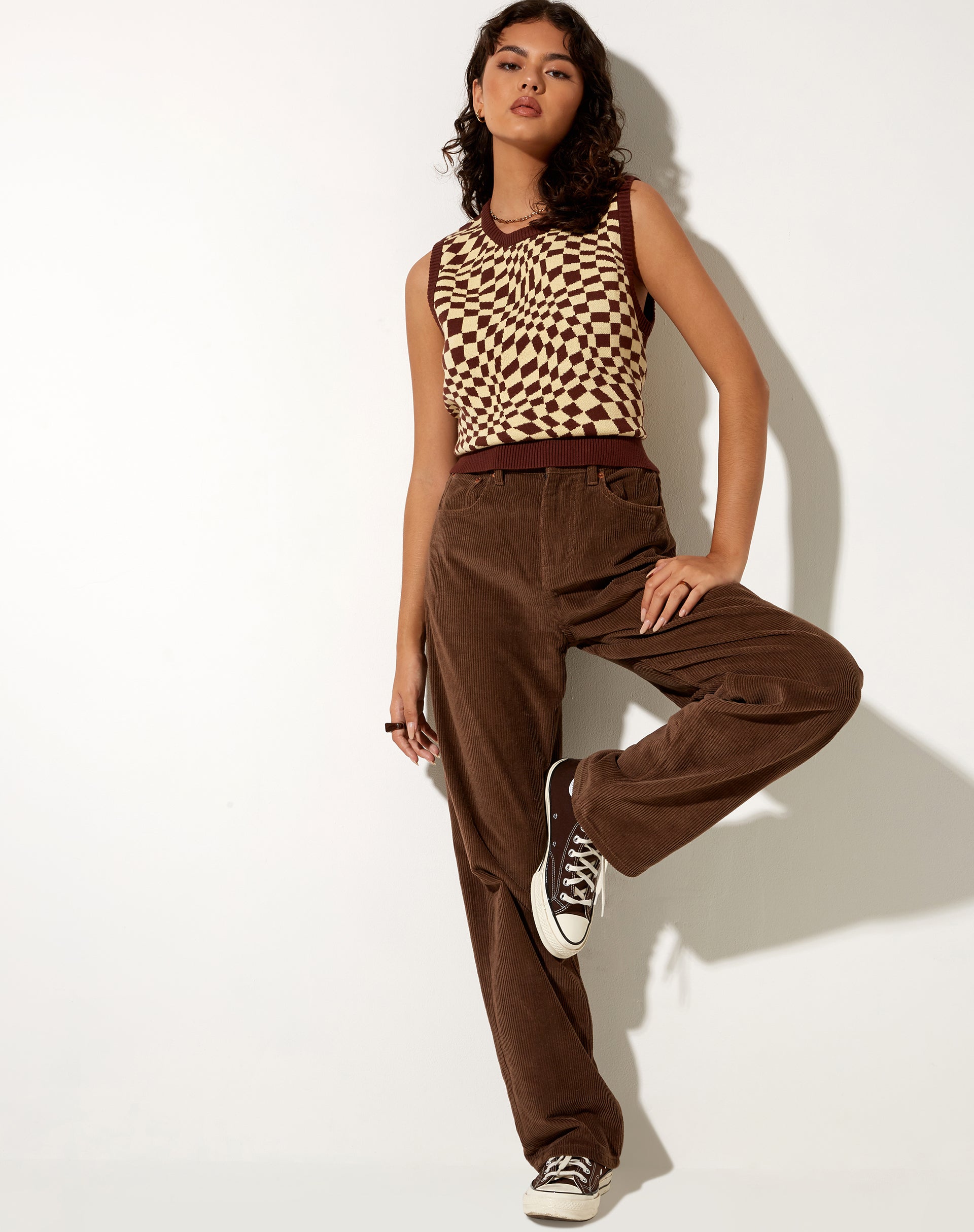 Brown Check Print Knitted Vest Top Gaira Motelrocks brown-check-print-knitted-vest-top-gaira-motelrocks