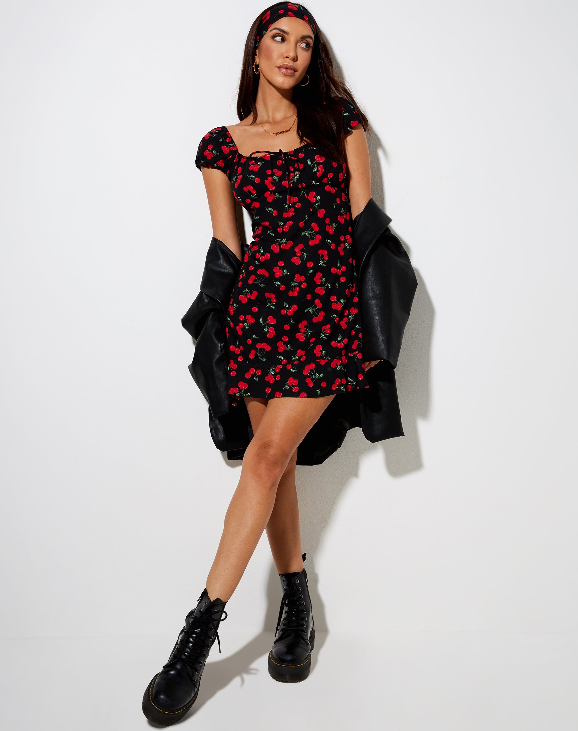 Black and Red Cherry Print Mini Dress | Galaca motelrocks.com Black and Red Cherry Print Mini Dress | Galaca motelrocks.com