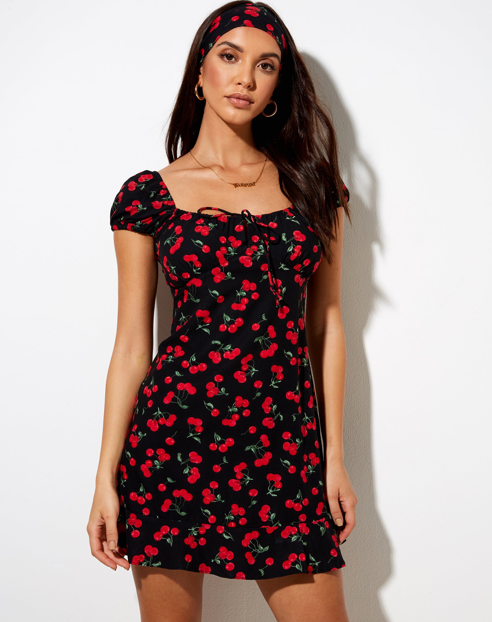 Black and Red Cherry Print Mini Dress | Galaca motelrocks.com Black and Red Cherry Print Mini Dress | Galaca motelrocks.com