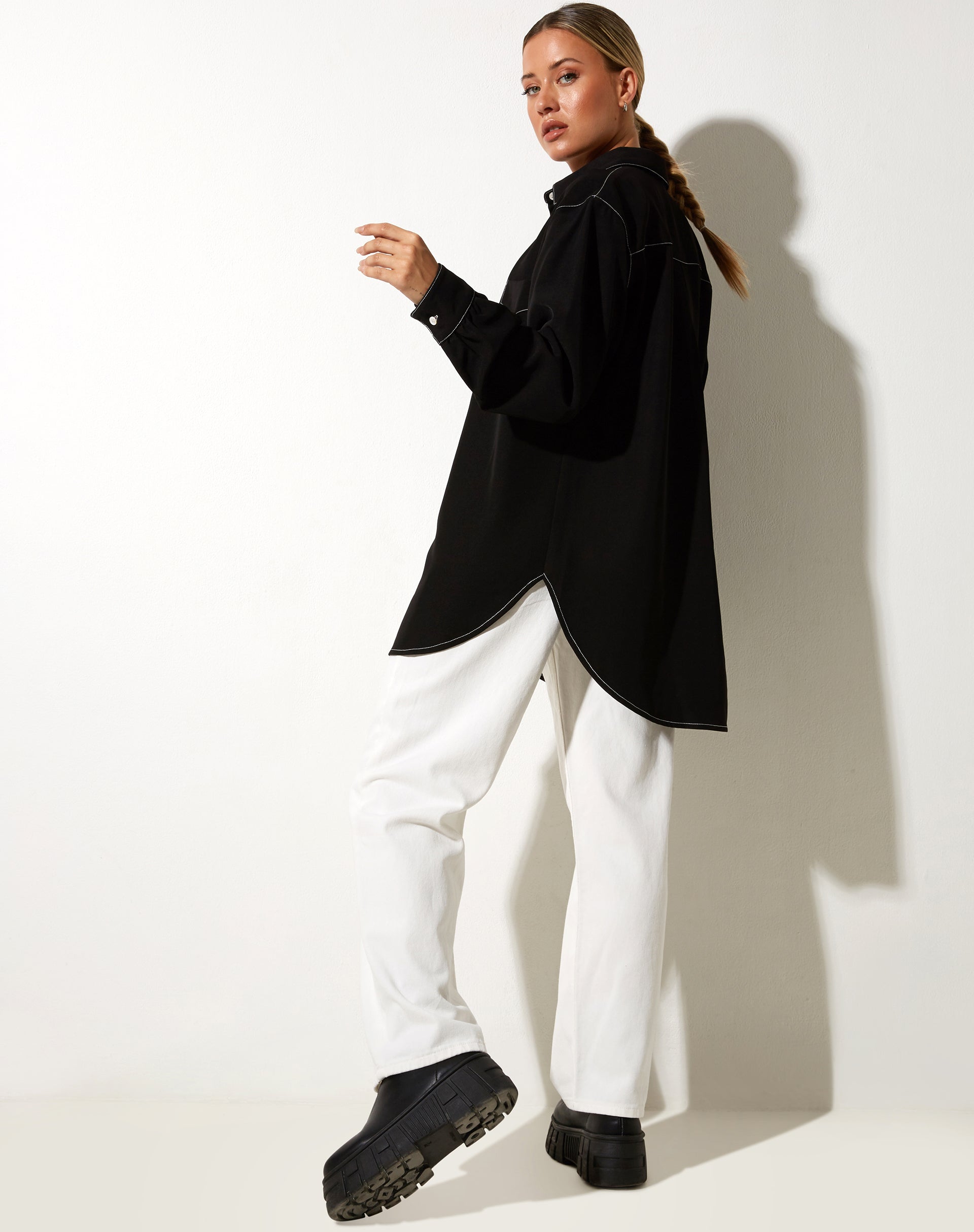 image of Gane Shirt in Black with White Stitch