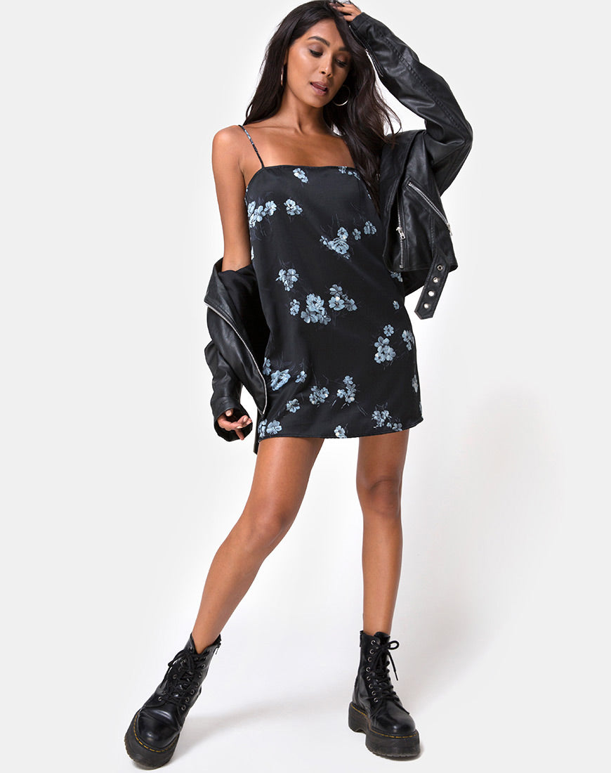 Image of Gashi Slip Dress in Mono Flower Black Satin