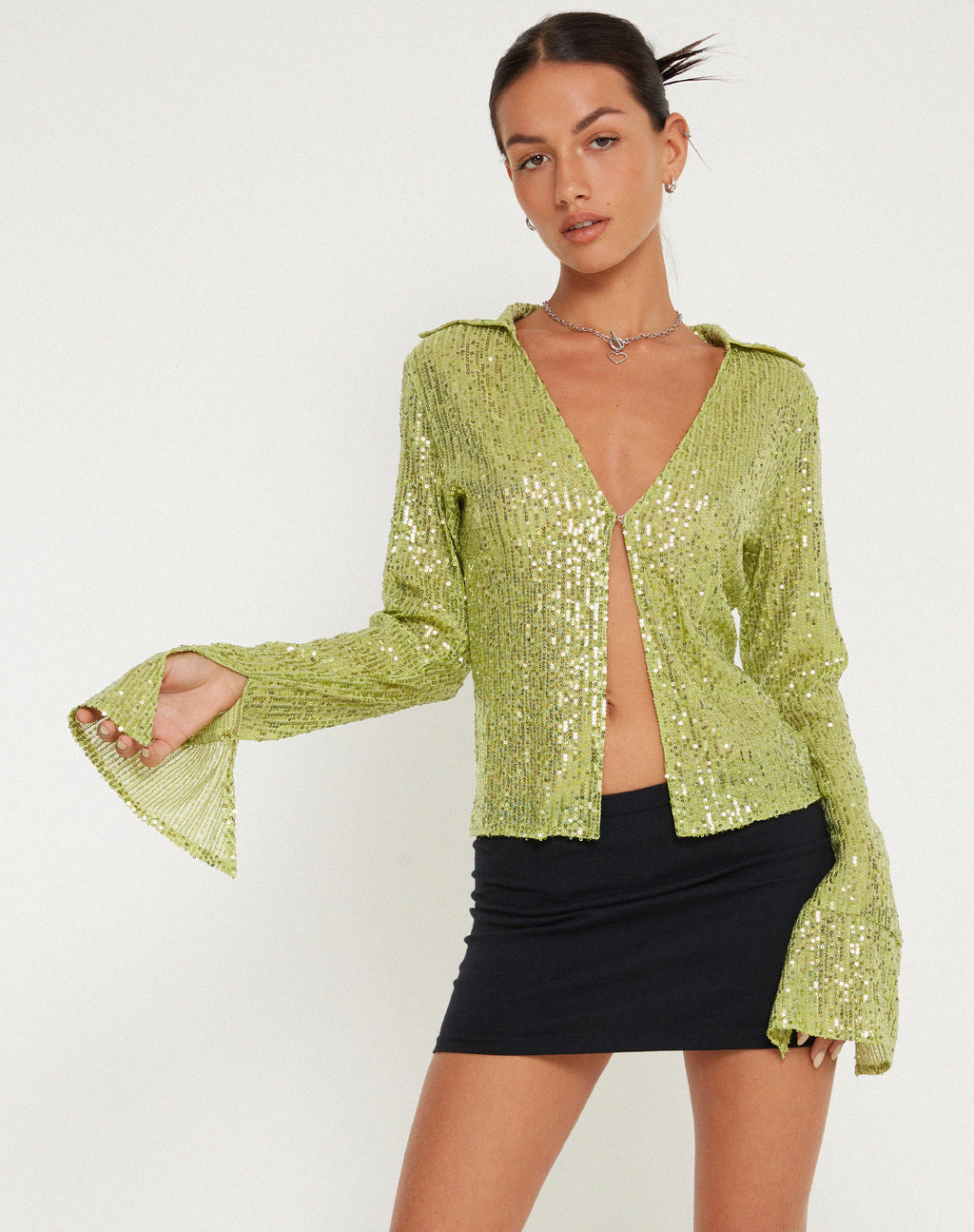 Gedza Button Top in Drape Sequin Lime Green