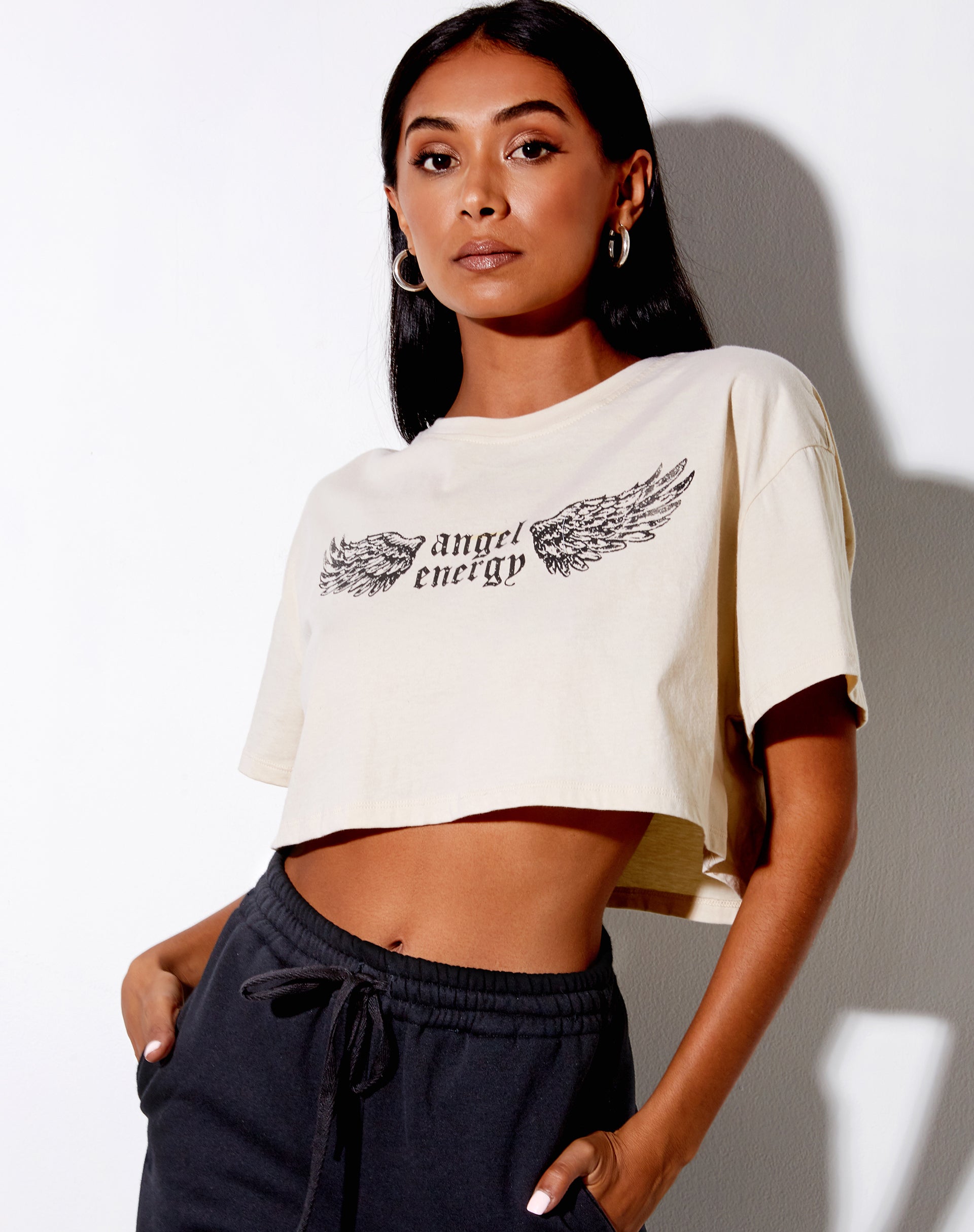 Image of Georgi Cropped Tee in Stone Angel Energy Wings