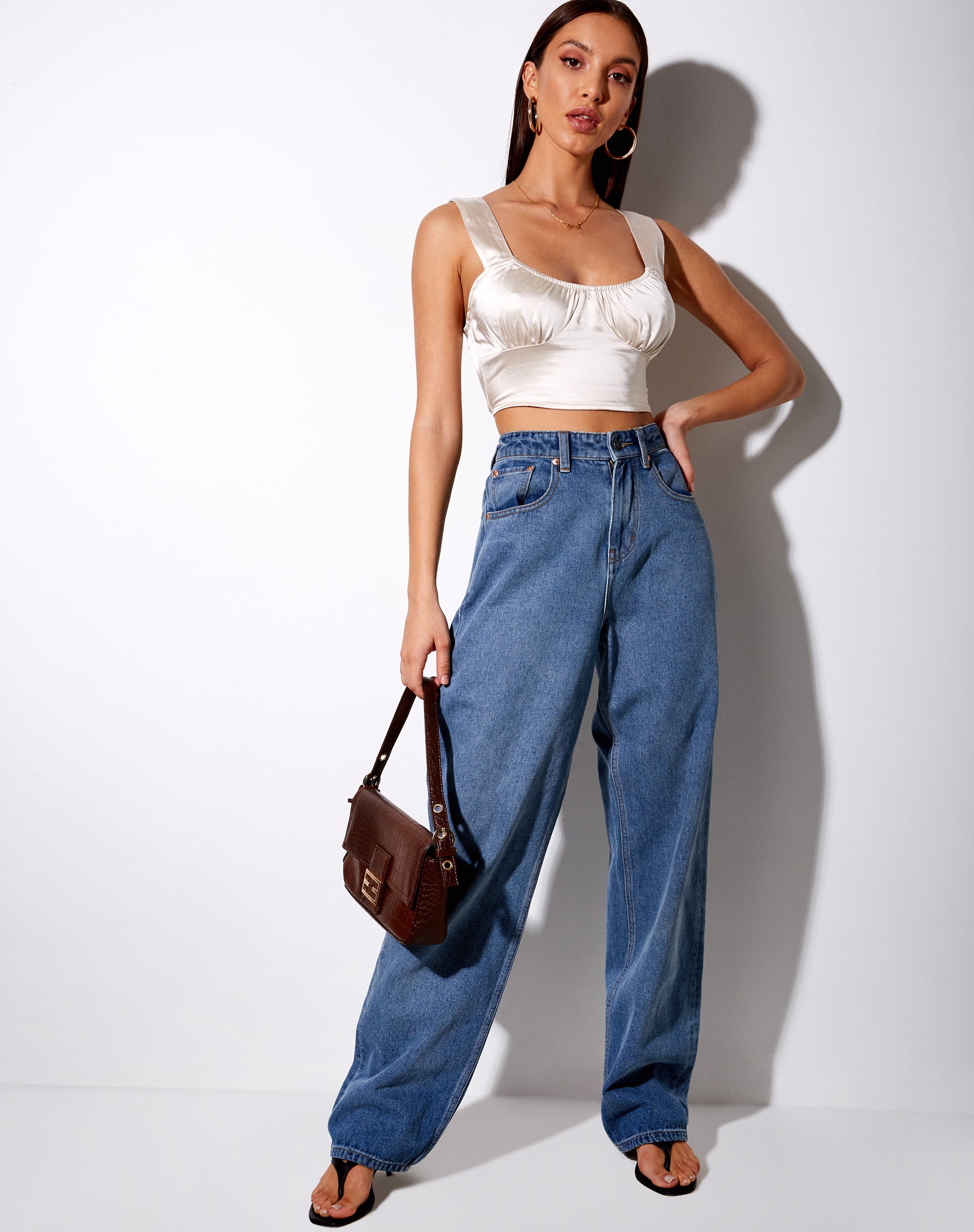 Image of Gladis Vest Crop Top in Satin Champagne