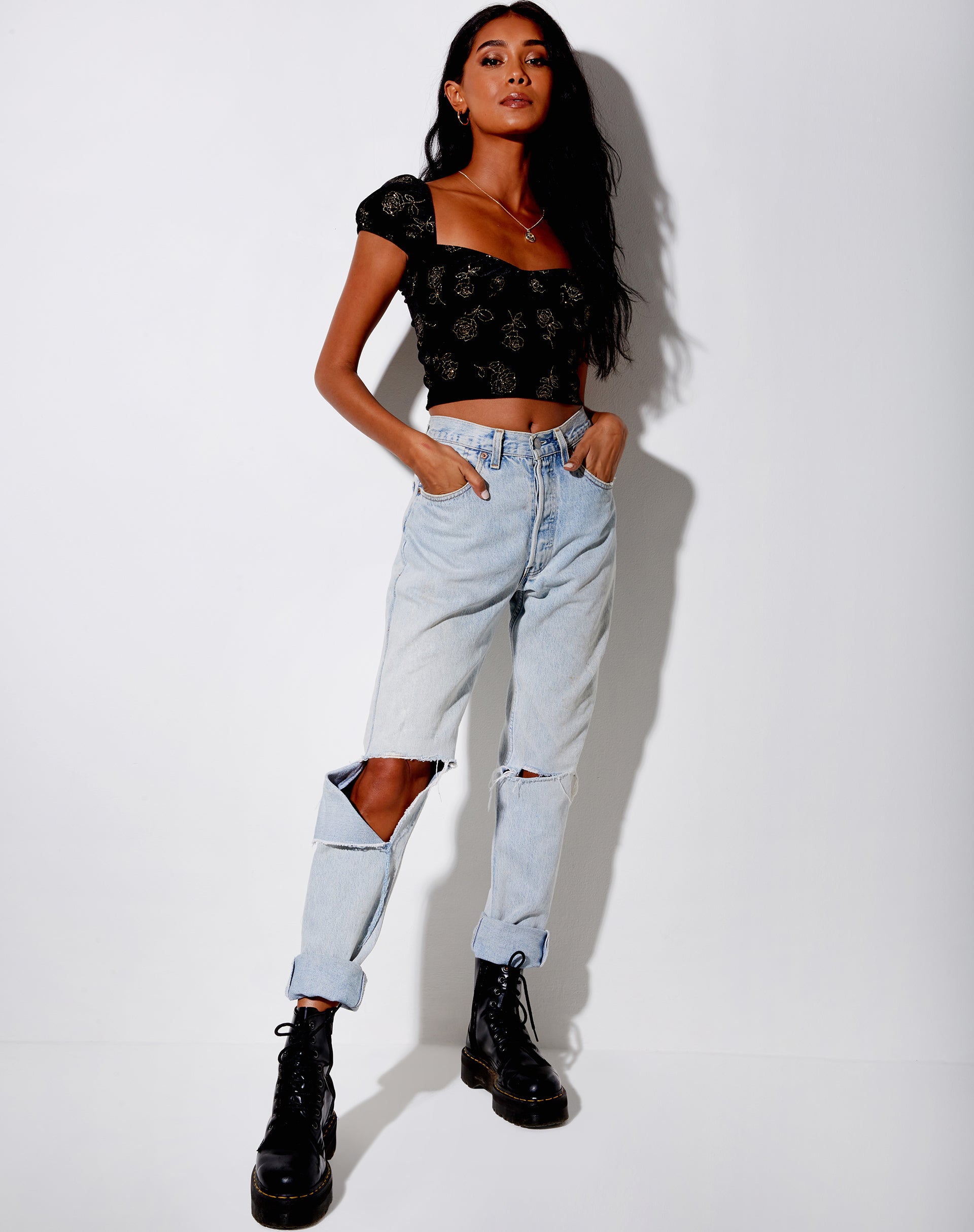 Image of Glasty Crop Top in Black and Gold Rose Stamp